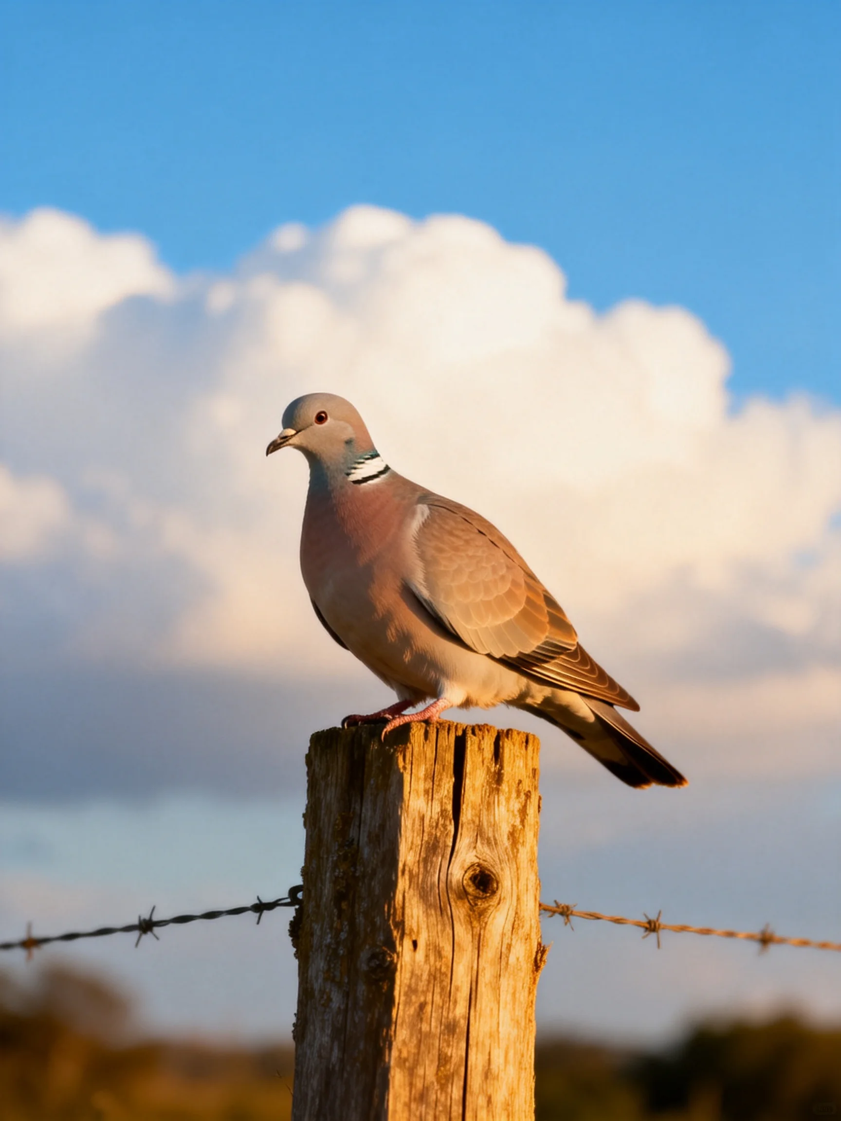 A brown pigeon perches on a weathered wooden fence post