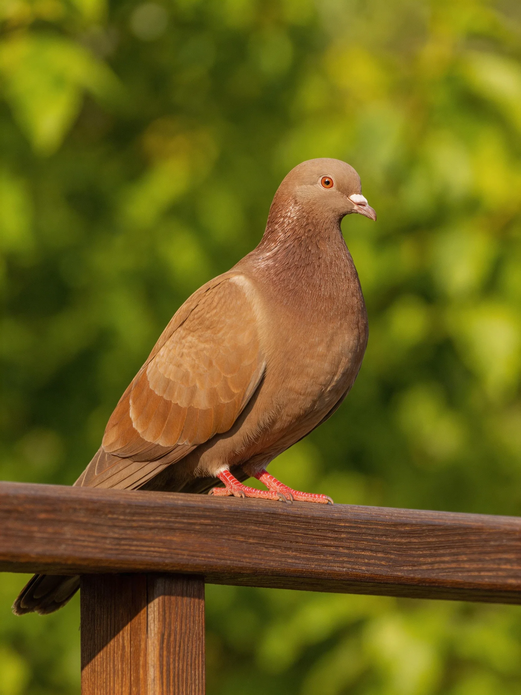 A brown pigeon rests on a wooden railing with green foliage in the background.