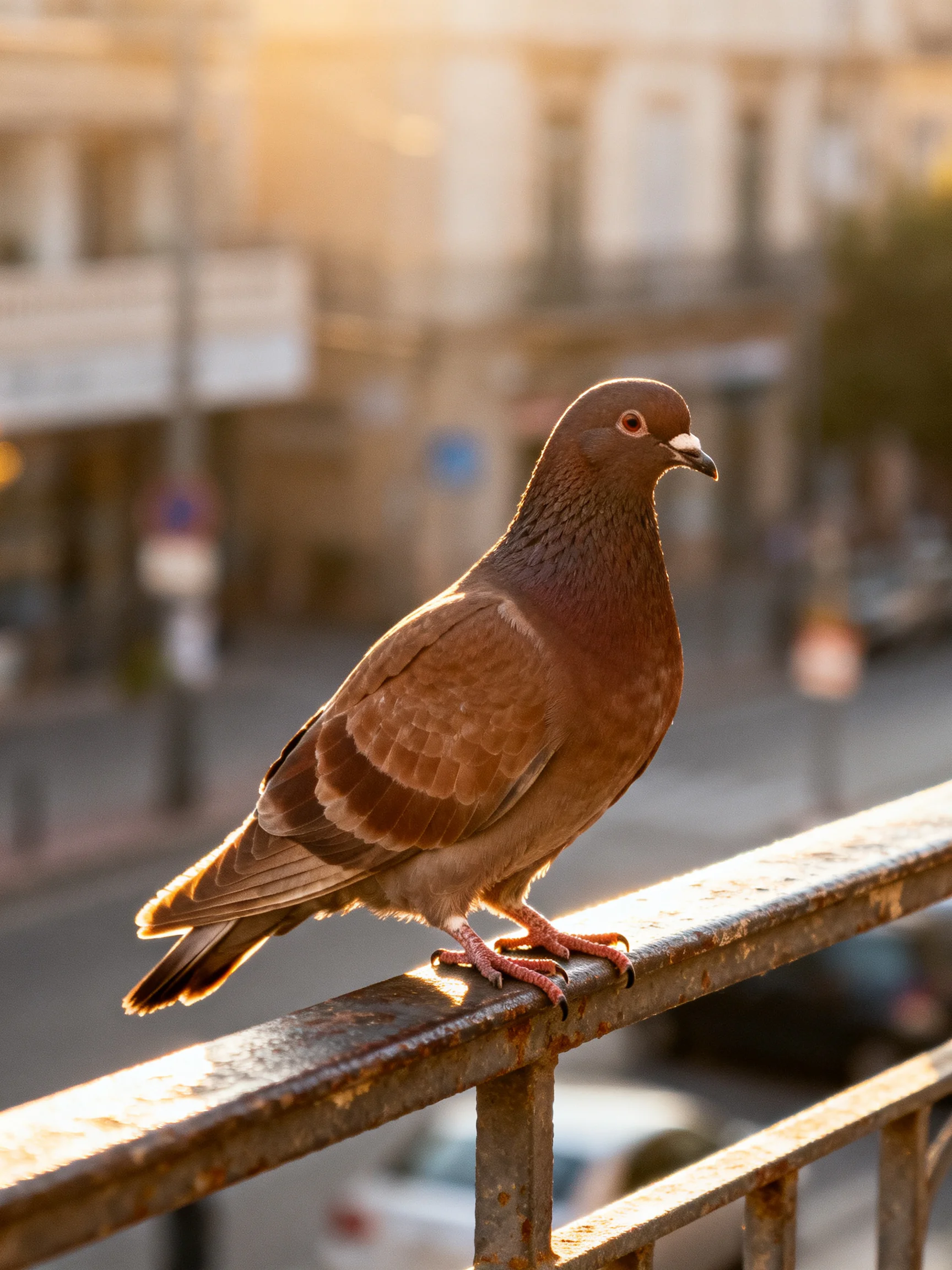 A brown pigeon rests on a rusted metal railing overlooking a city street
