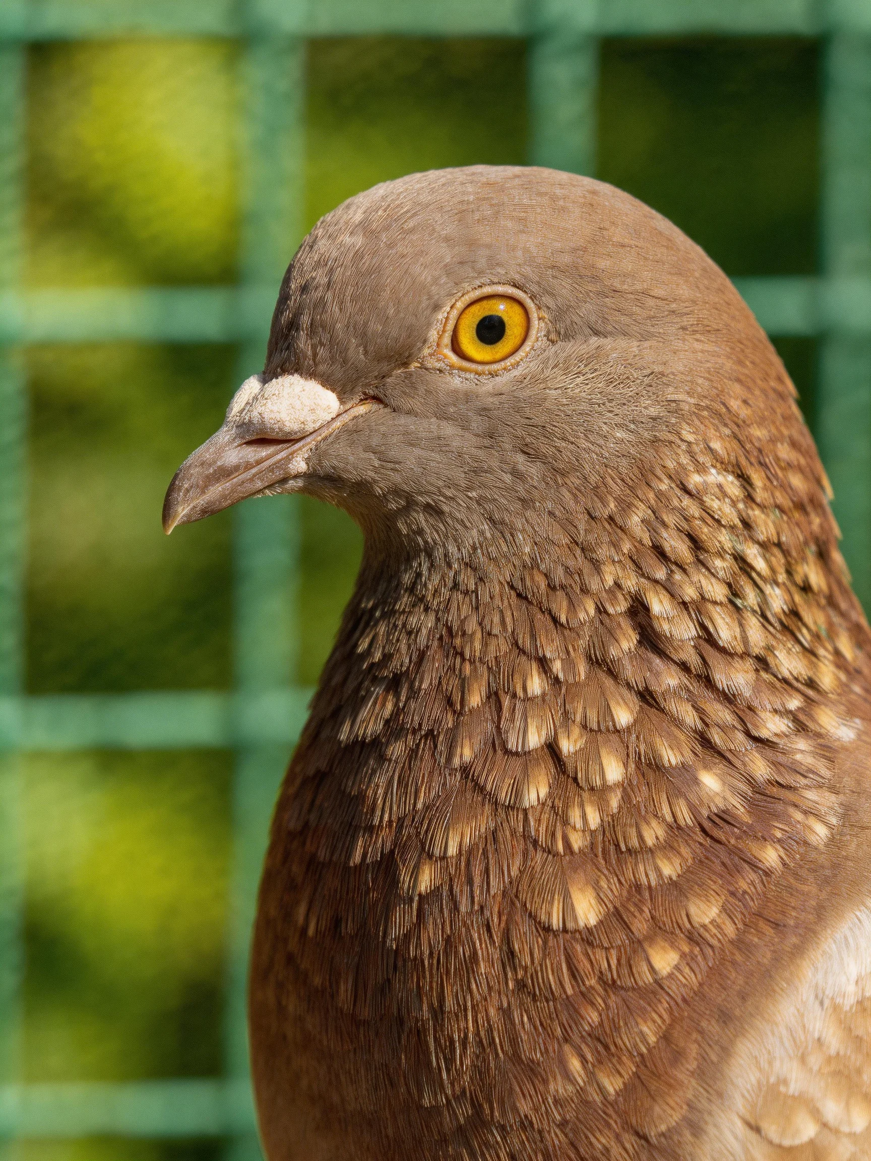 A brown pigeon with golden feather details near a green mesh enclosure