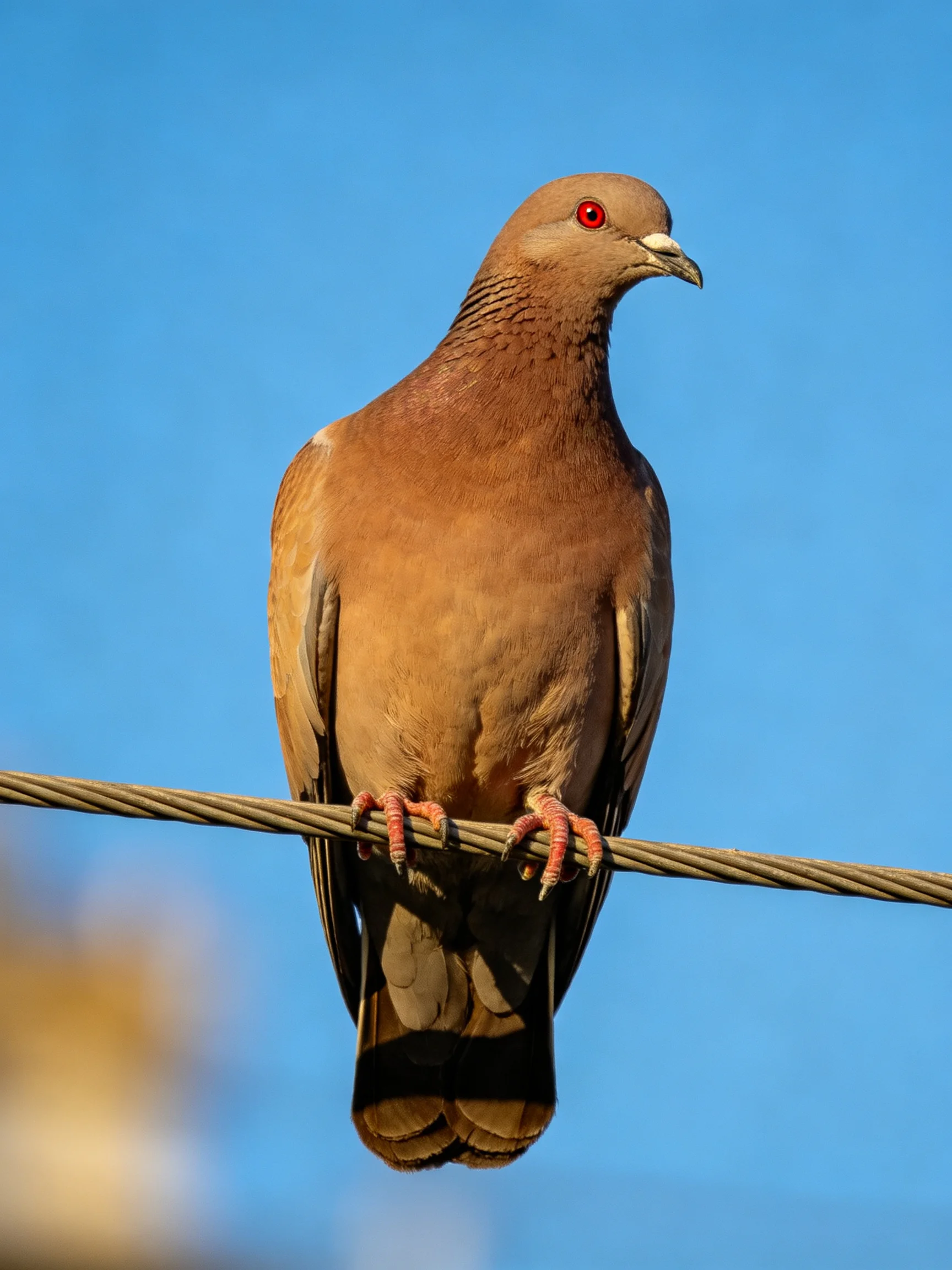 A brown pigeon with red eyes perched on a thick wire under clear blue sky