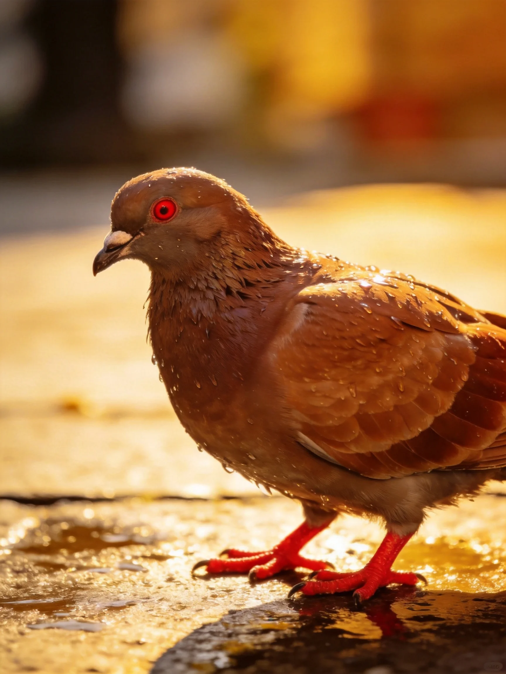 A brown pigeon with red eyes stands on a wet surface under golden light