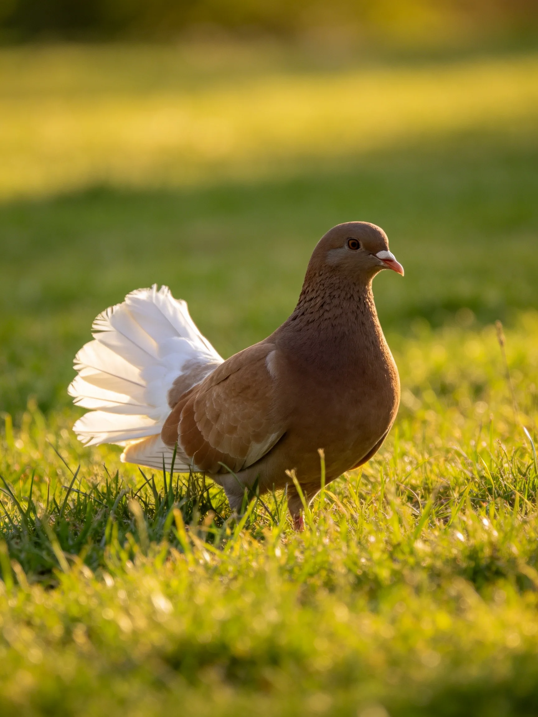 A brown pigeon with white tail feathers on sunlit green grass
