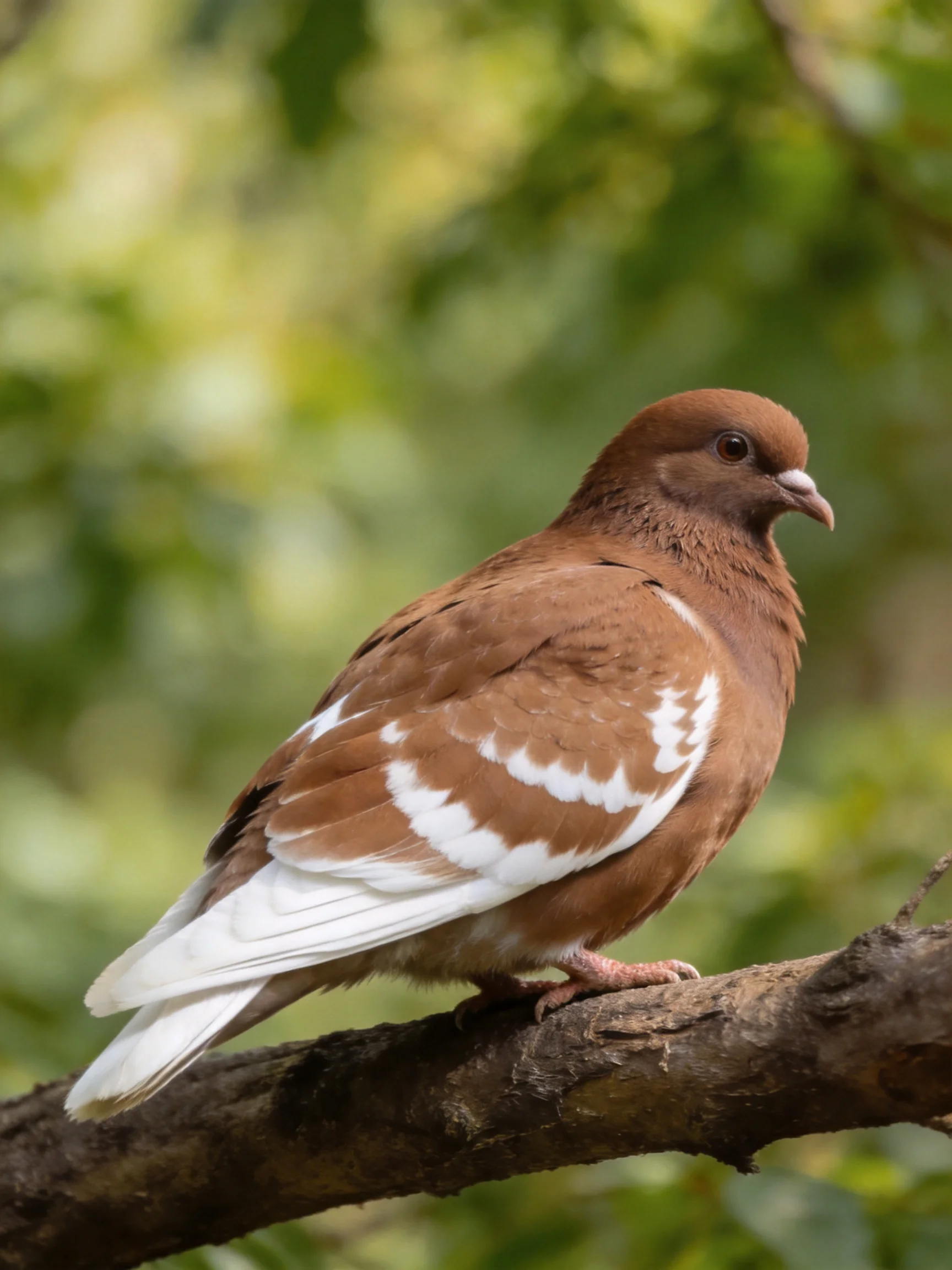 A brown pigeon with white wing patches perches on a gnarled tree branch