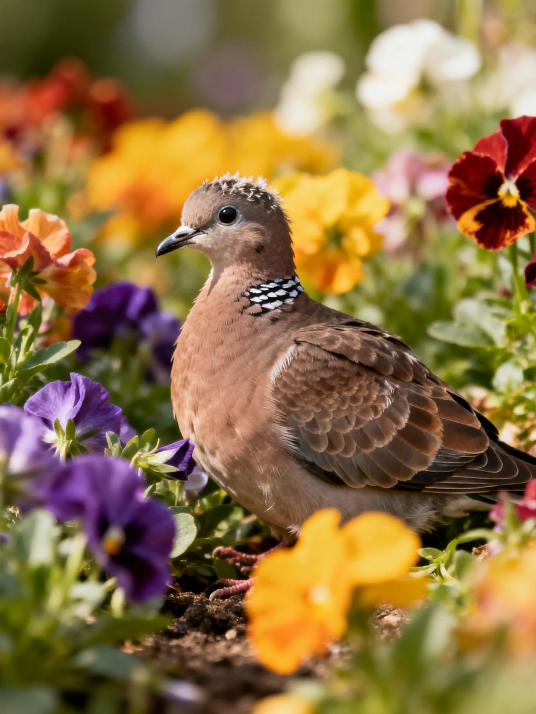 A brown-spotted dove amid vibrant multicolored flowers