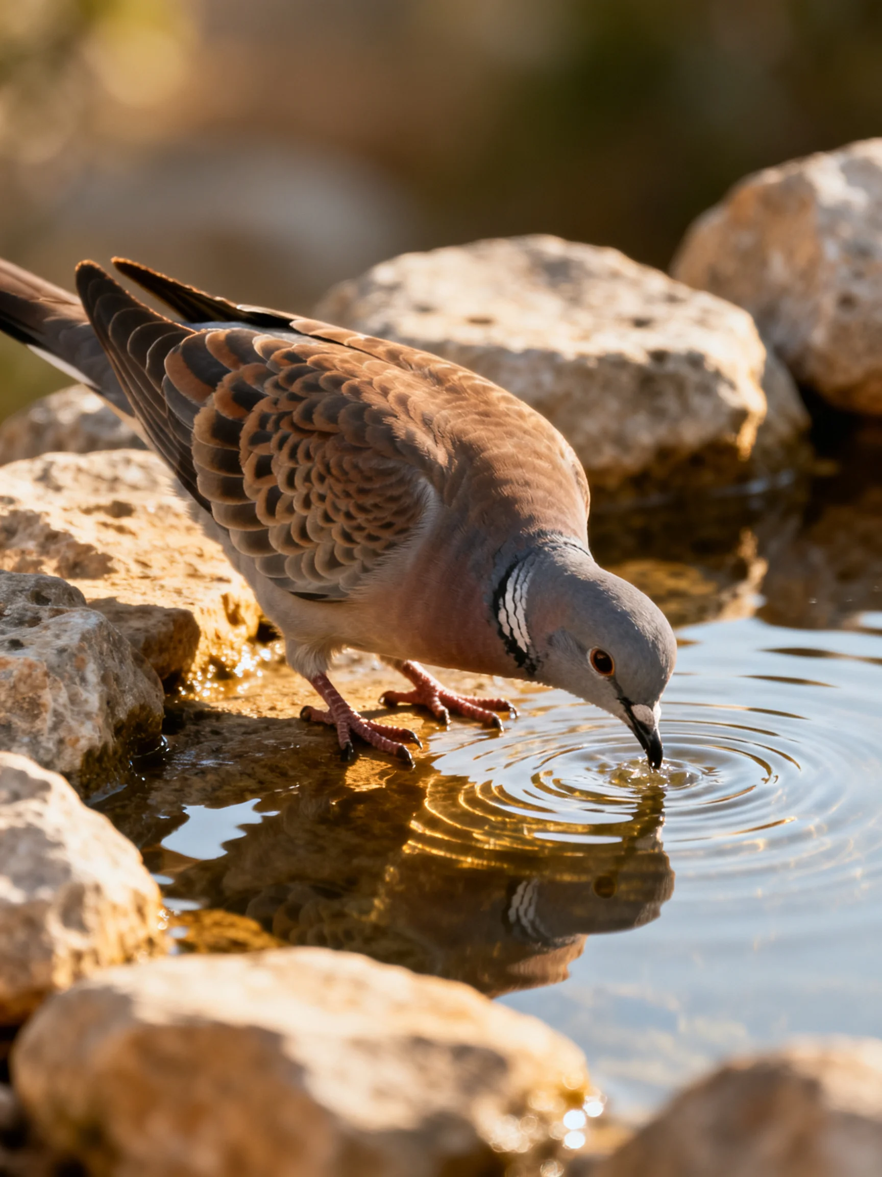 A brown-spotted dove drinks from calm water beside large stones