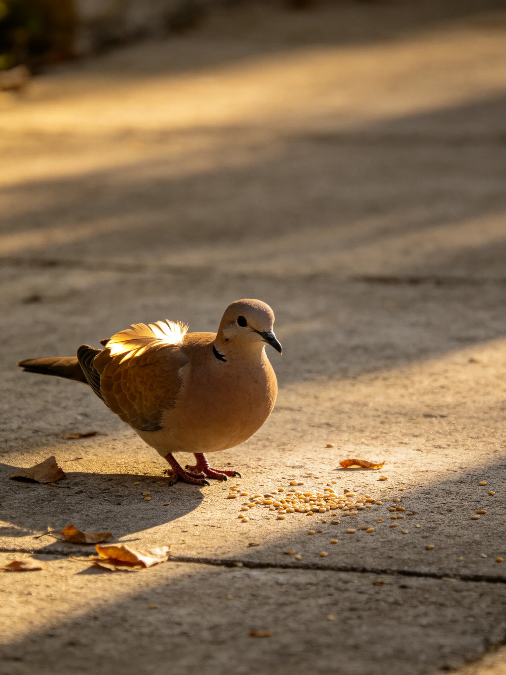 A brown-spotted dove near scattered seeds on sunlit pavement