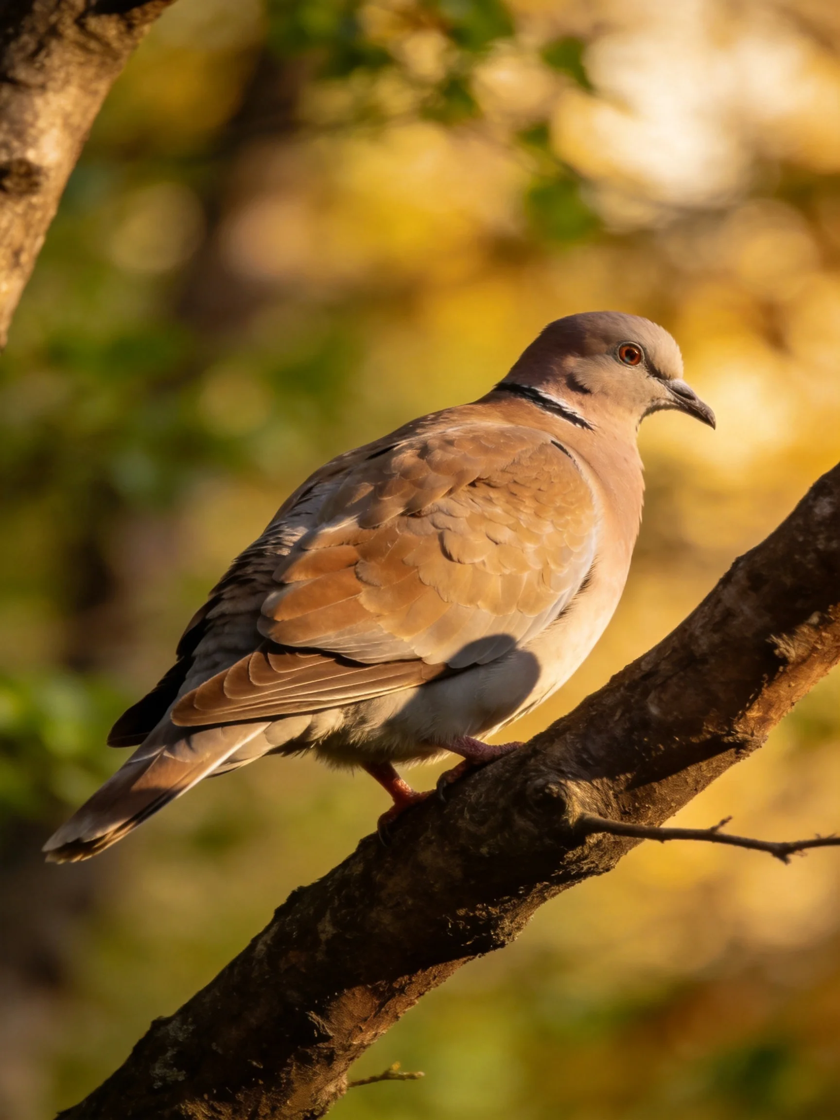 A brown-spotted dove perched on a thick tree branch
