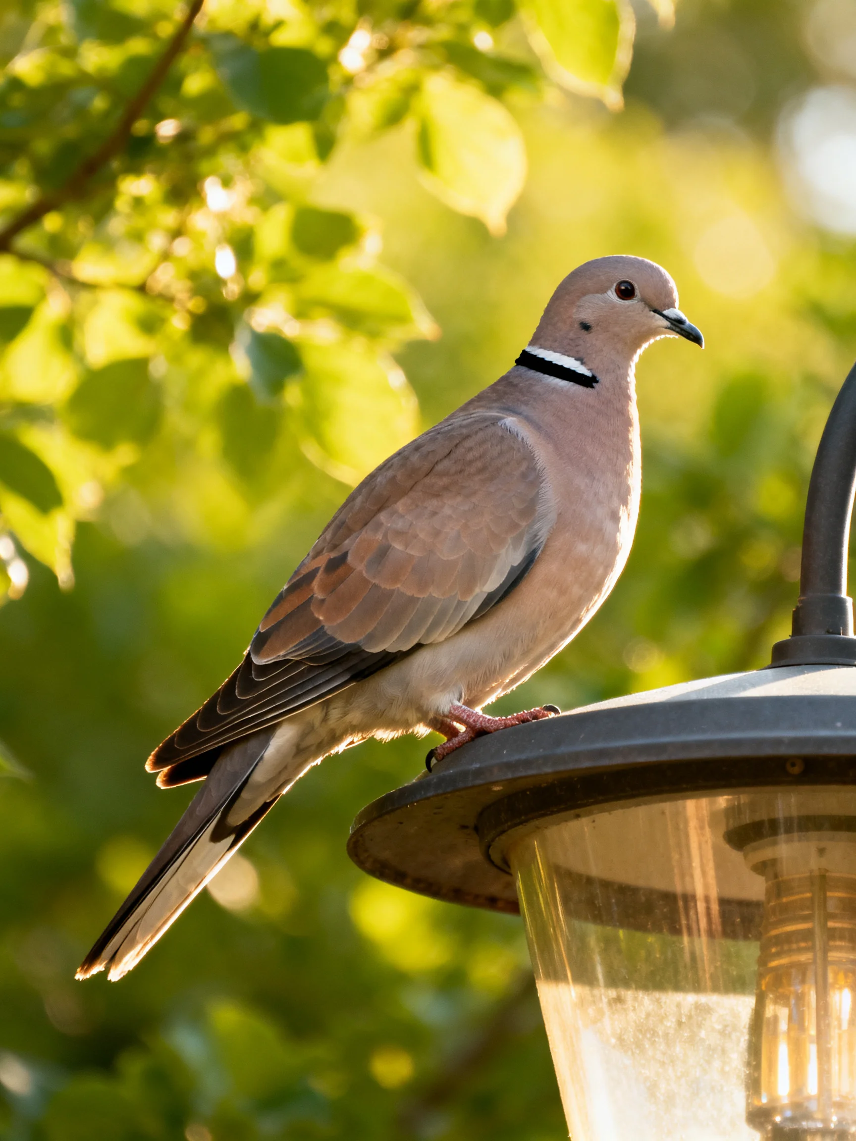 A brown-spotted dove perches on a black lamp post amid lush greenery