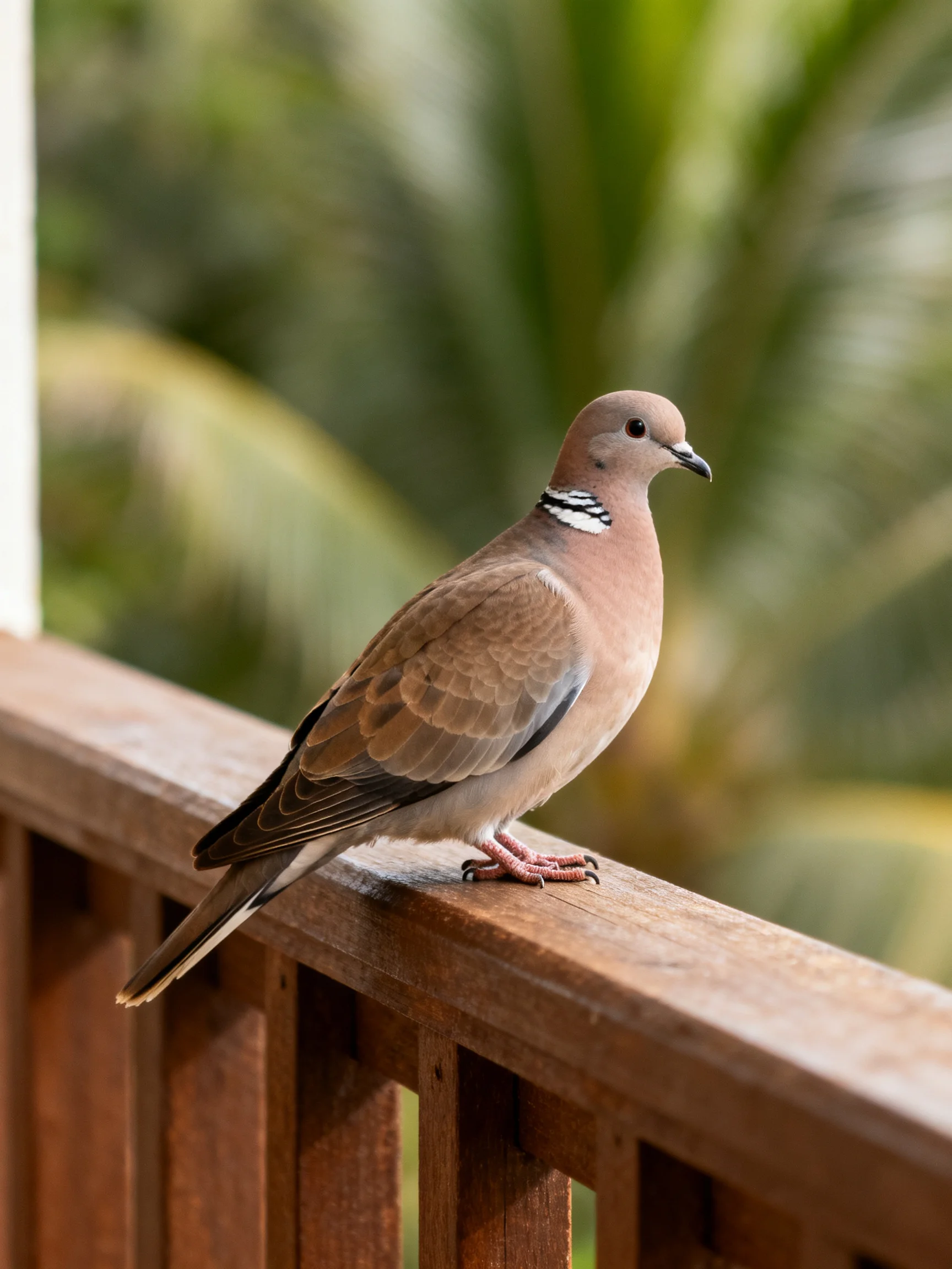 A brown-spotted dove perches on a wooden railing
