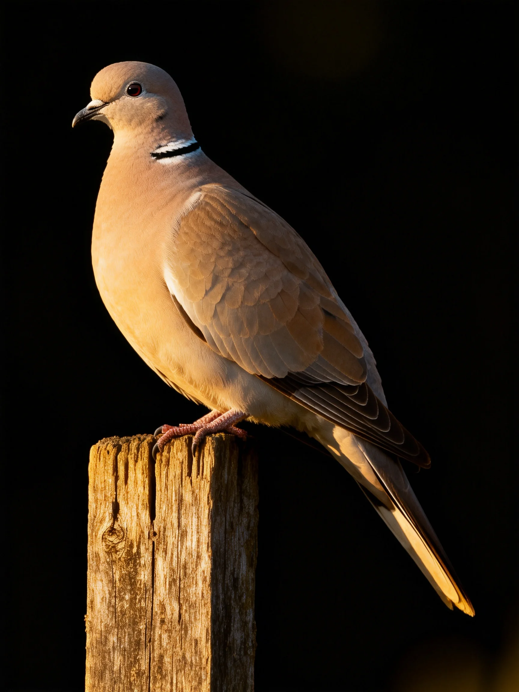 A brown-spotted dove rests on a weathered wooden post
