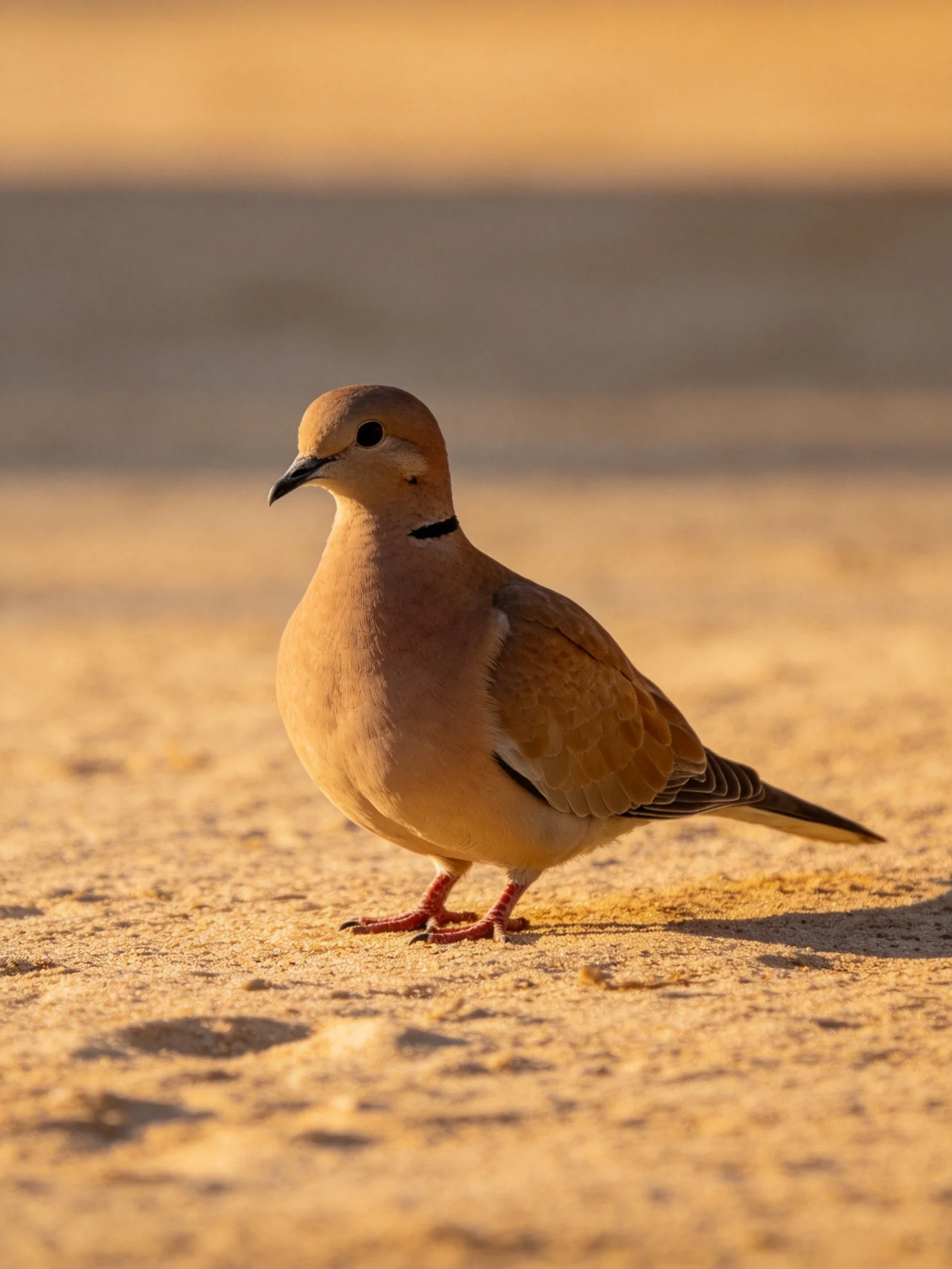 A brown-spotted dove stands on golden sand under warm light