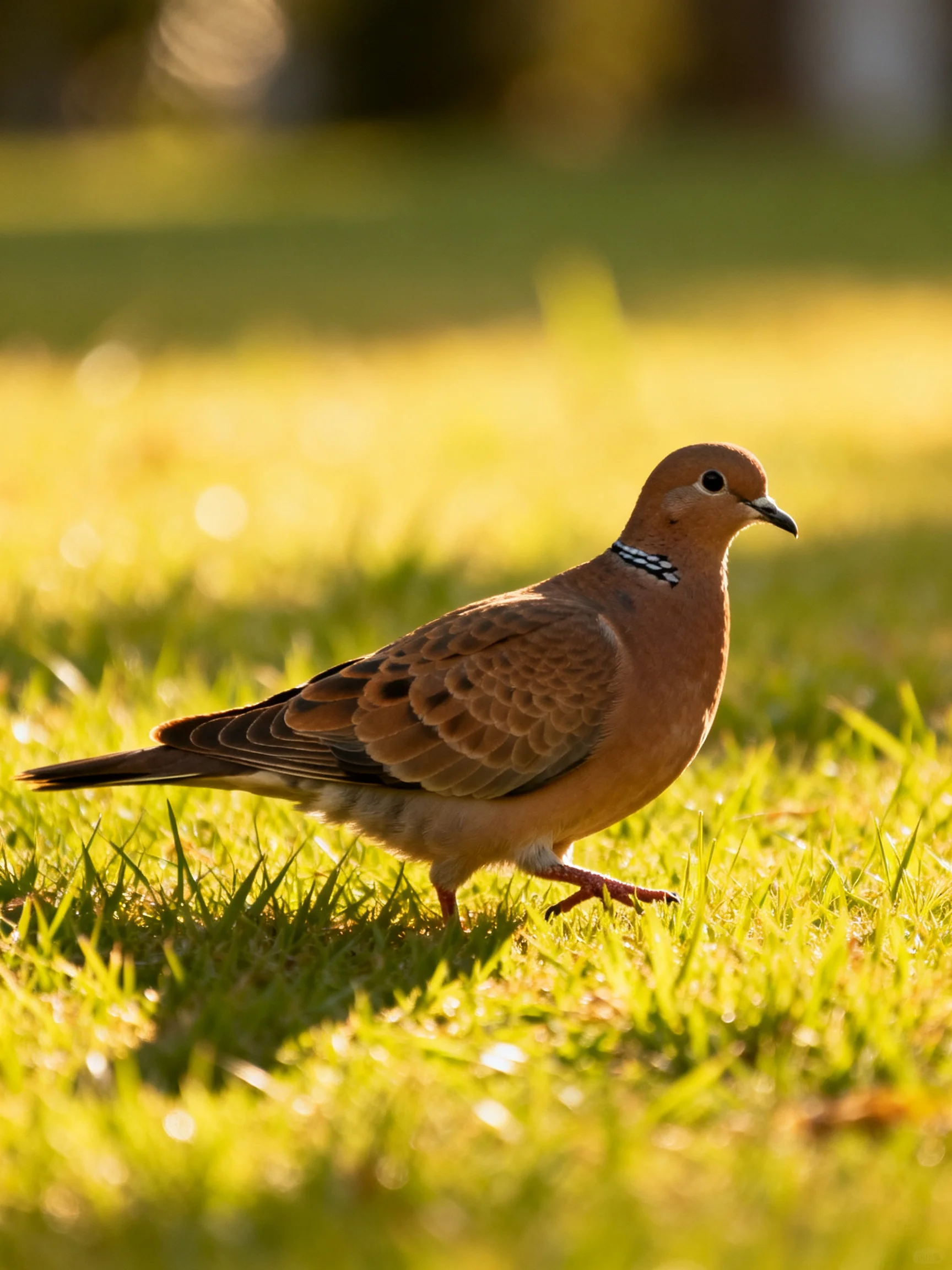 A brown-spotted dove with a white neck stripe on sunlit grass