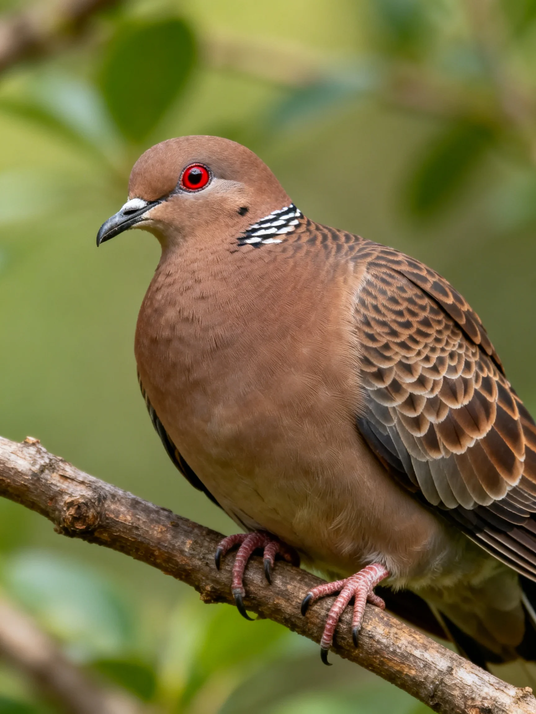 A brown-spotted dove with red eyes perched on a branch