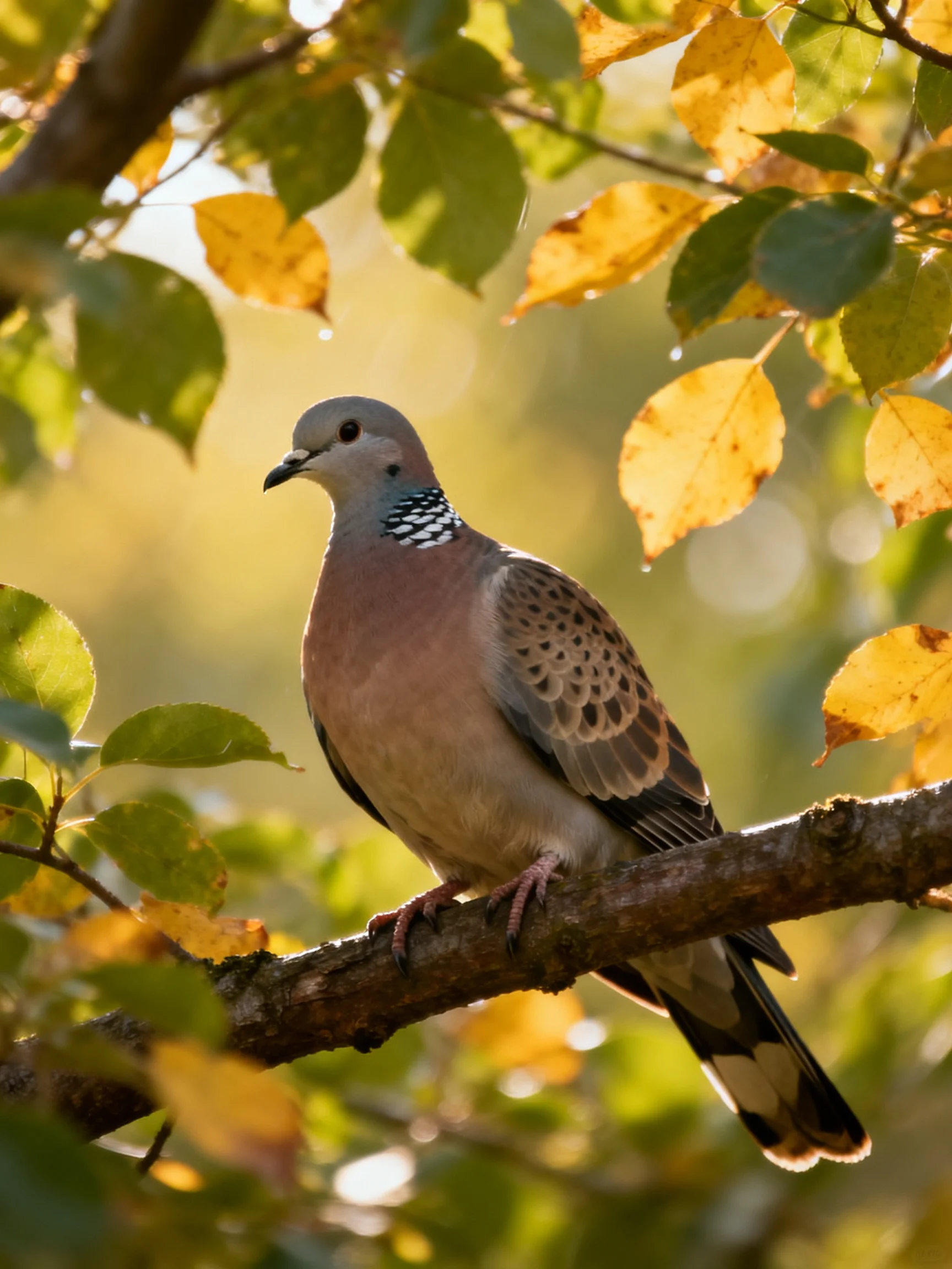 A brown-spotted pigeon perched on a tree branch amid golden autumn leaves
