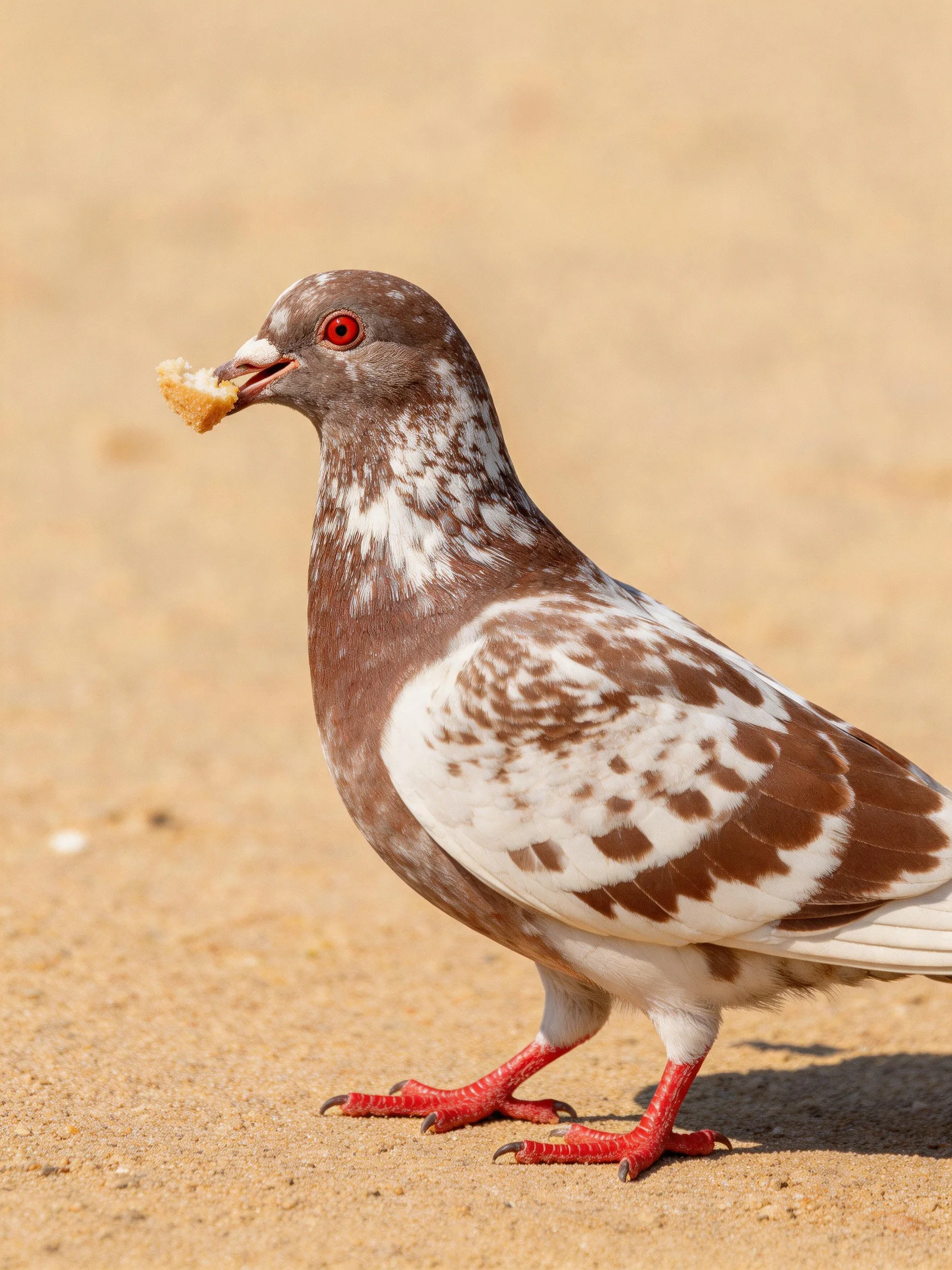 A brown-spotted pigeon with red feet eats bread on sandy ground.