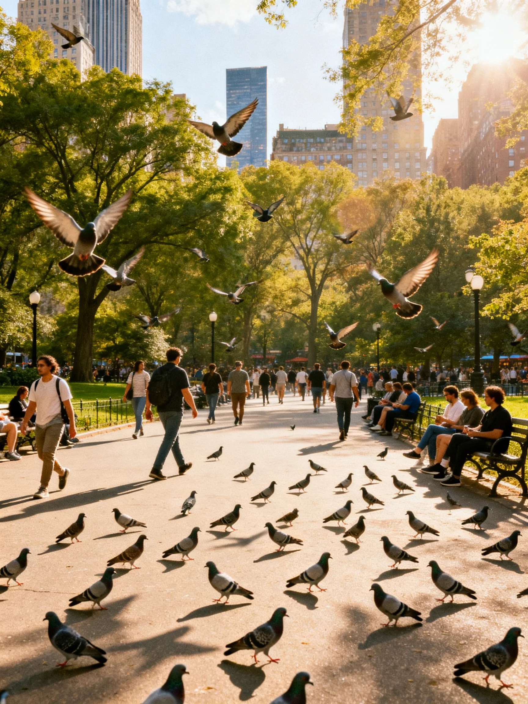 A bustling city park with many pigeons and pedestrians under sunny skies