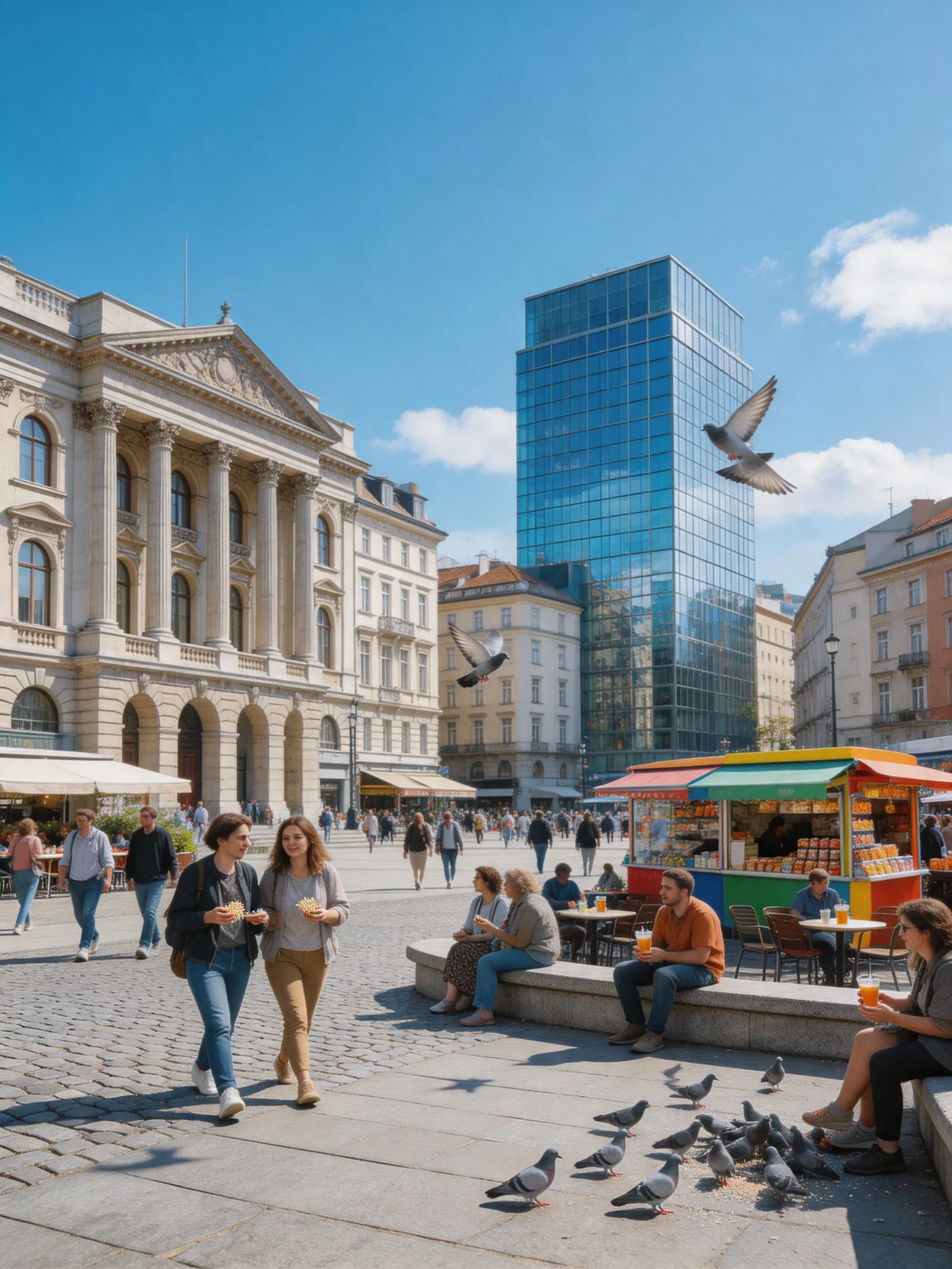 A bustling square with historic and modern architecture, colorful stalls, and pigeons