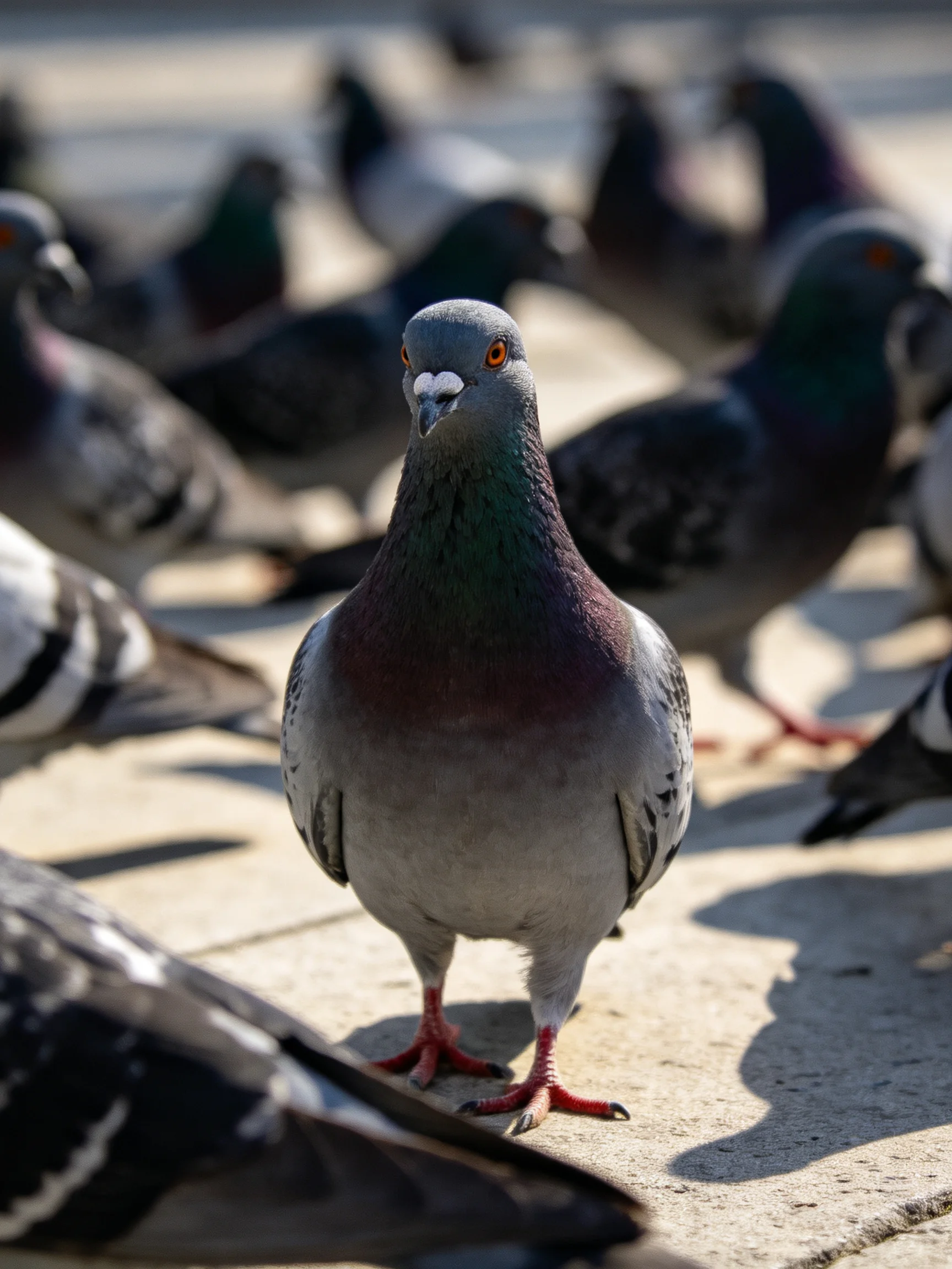 A central gray pigeon amid colorful flocks on a sunlit pavement