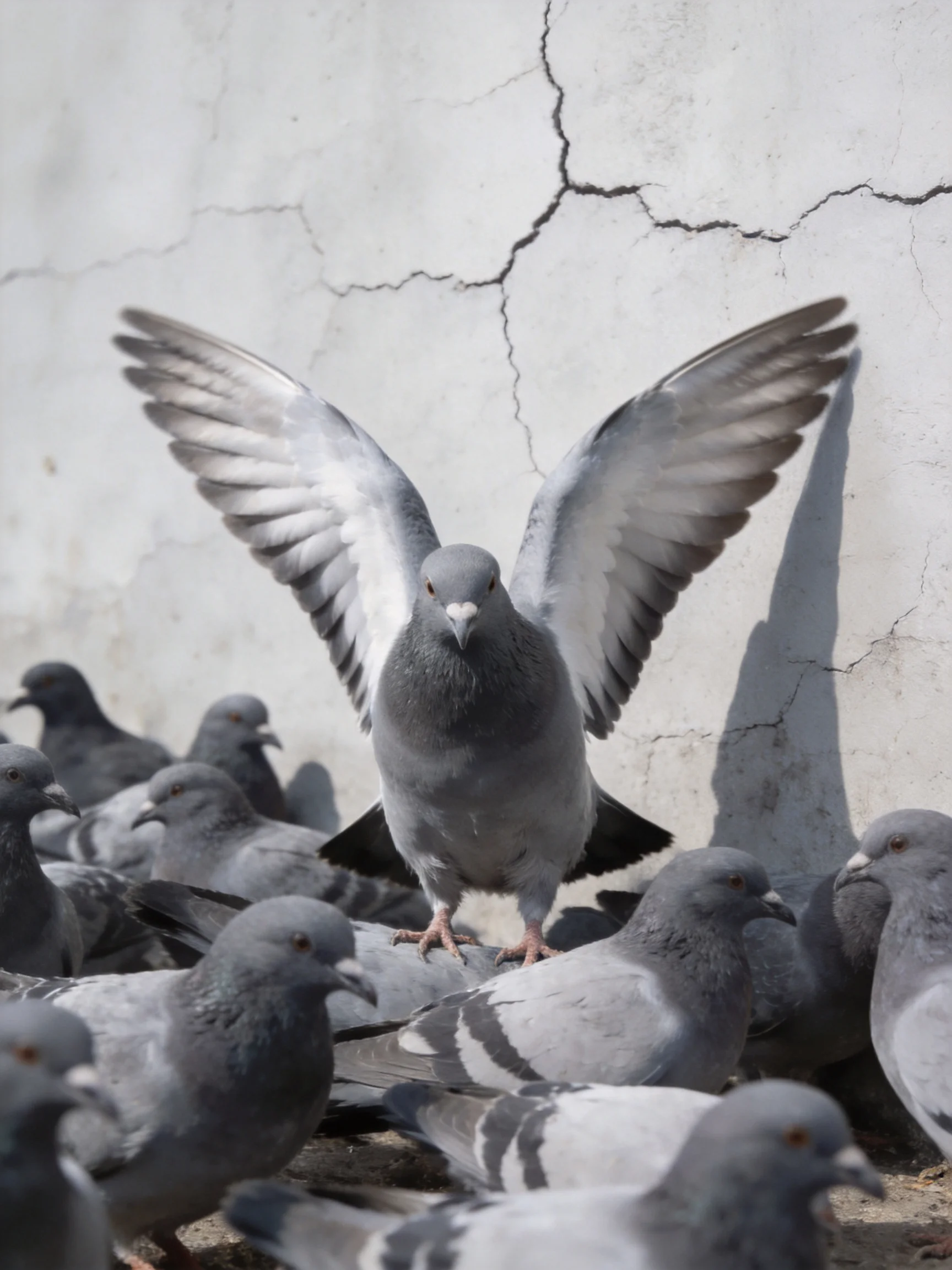 A central gray pigeon spreads wings amid a flock near a cracked white wall