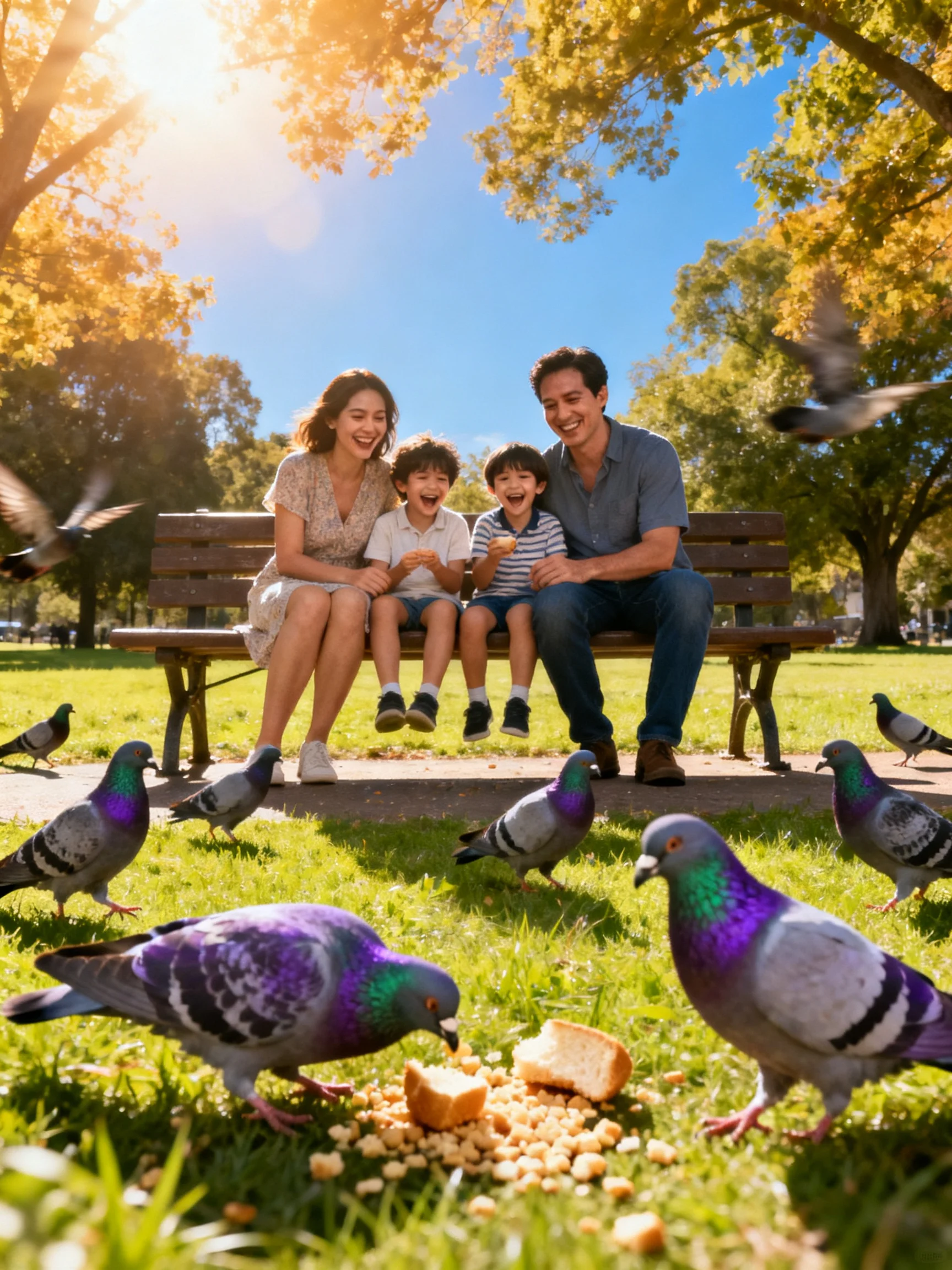 A cheerful family feeding colorful pigeons in a sunlit park