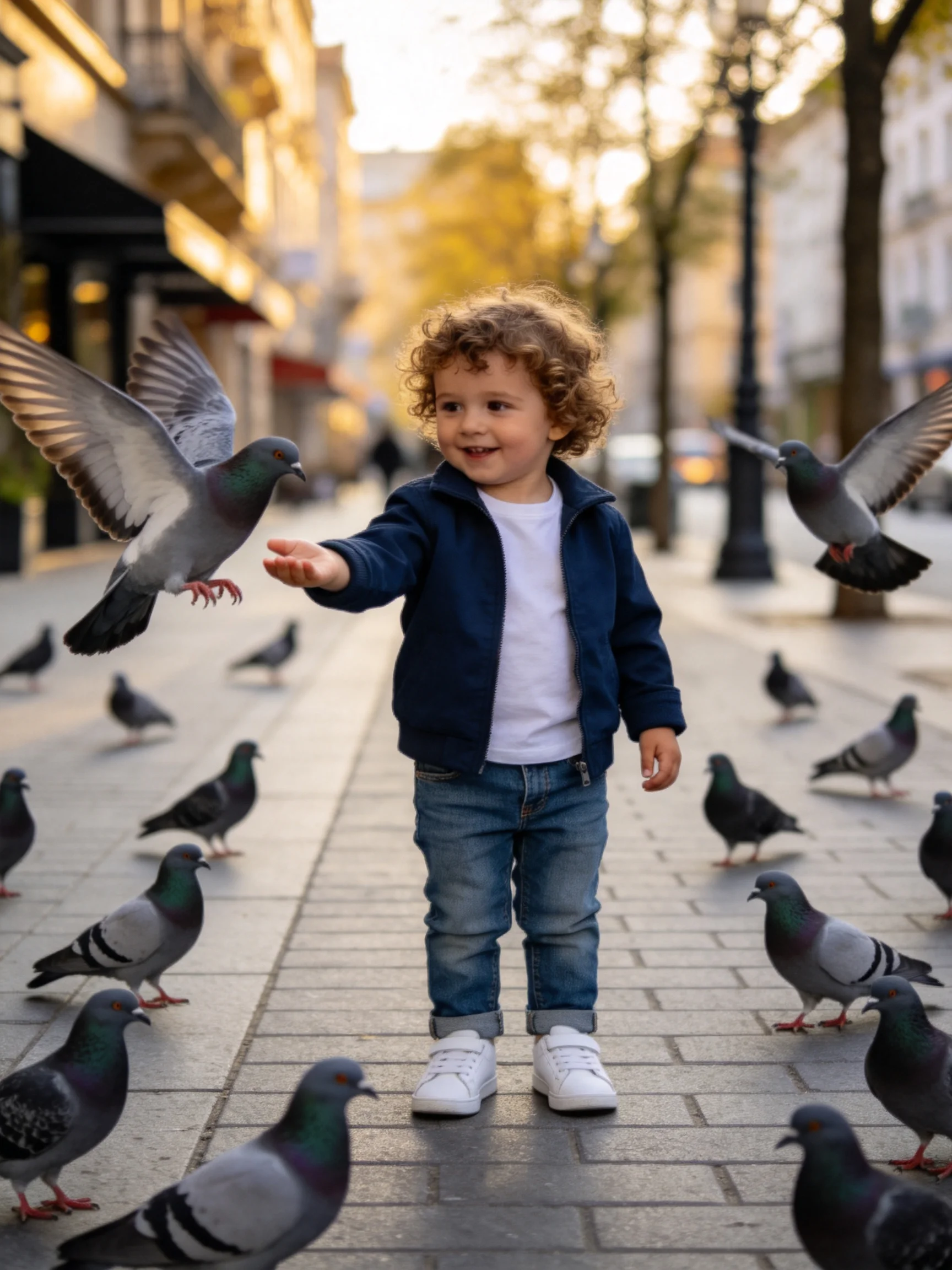 A child feeding numerous pigeons on a sunlit city sidewalk