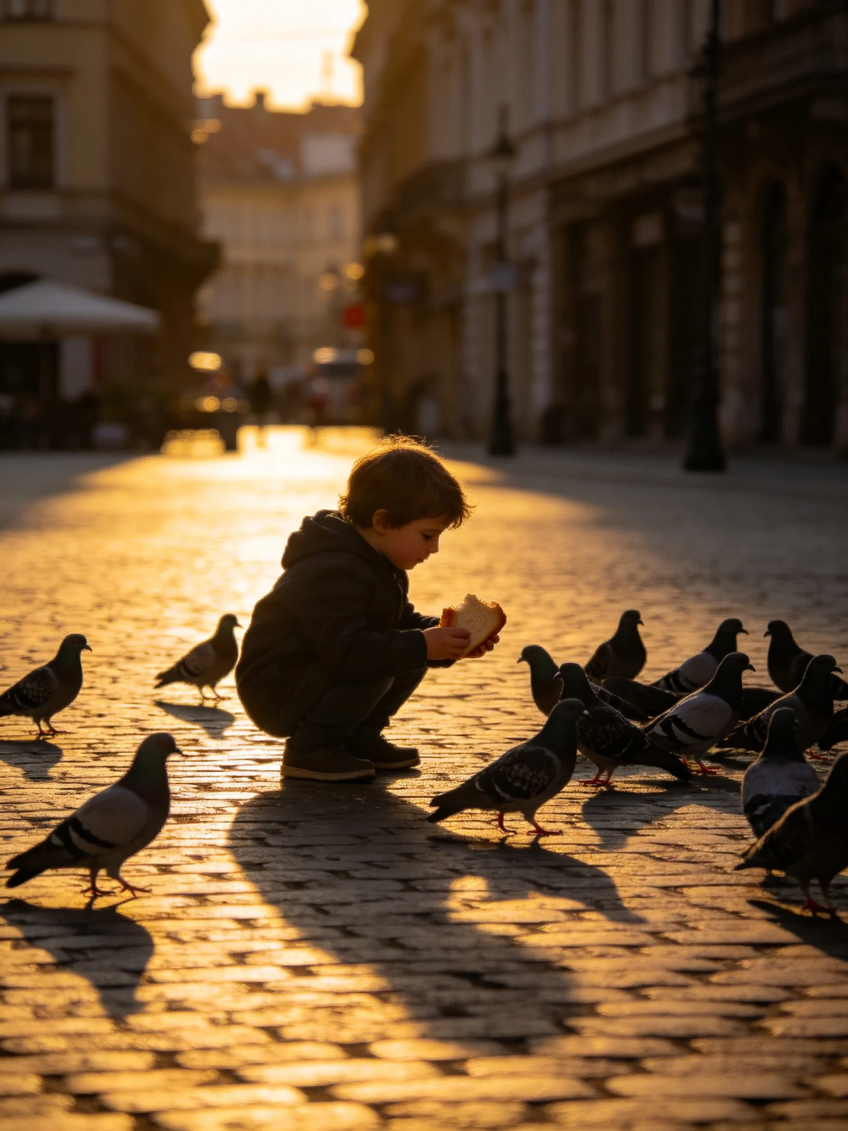 A child feeds pigeons on a sunlit cobblestone street at sunset