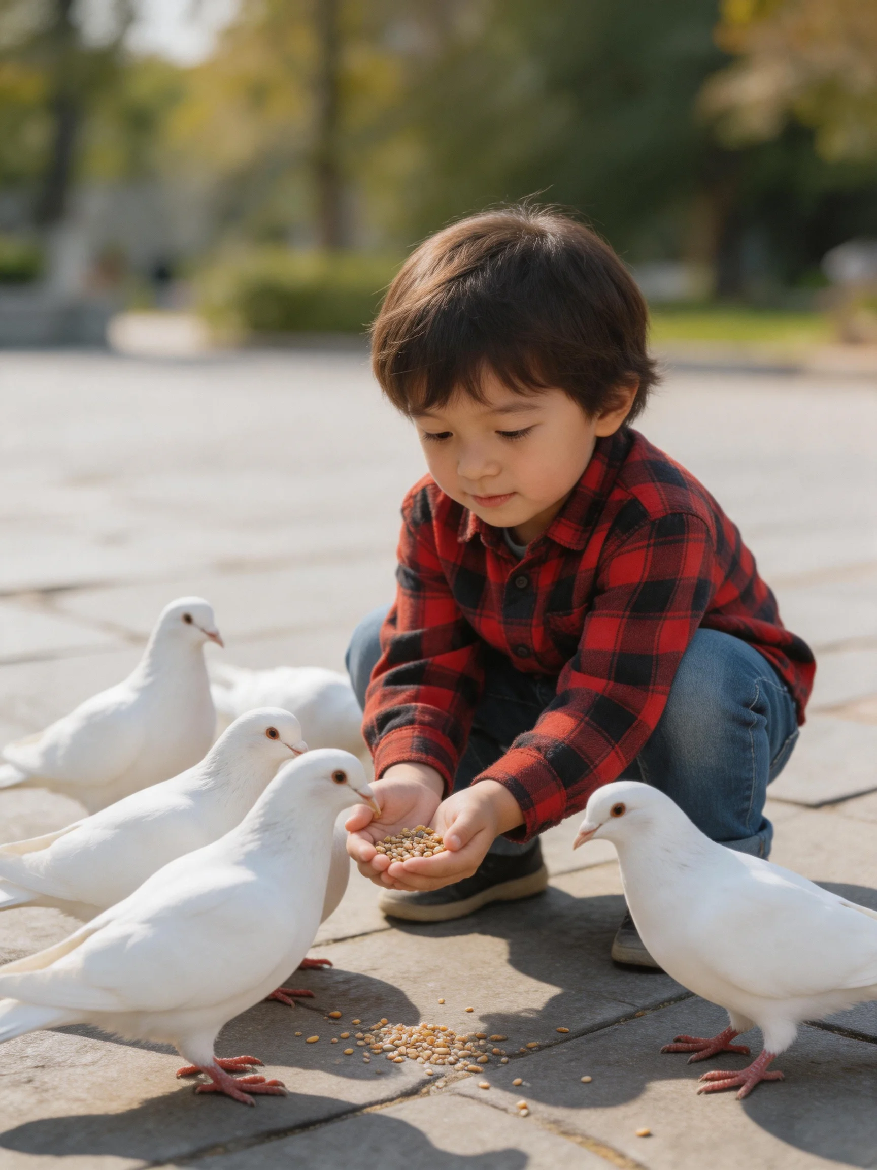 A child feeds six white pigeons on a stone pavement