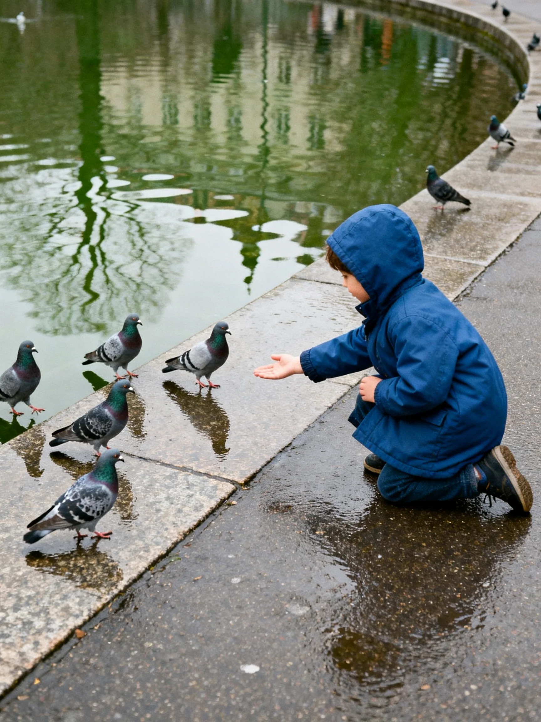 A child in a blue hooded coat feeds several pigeons by a green pond