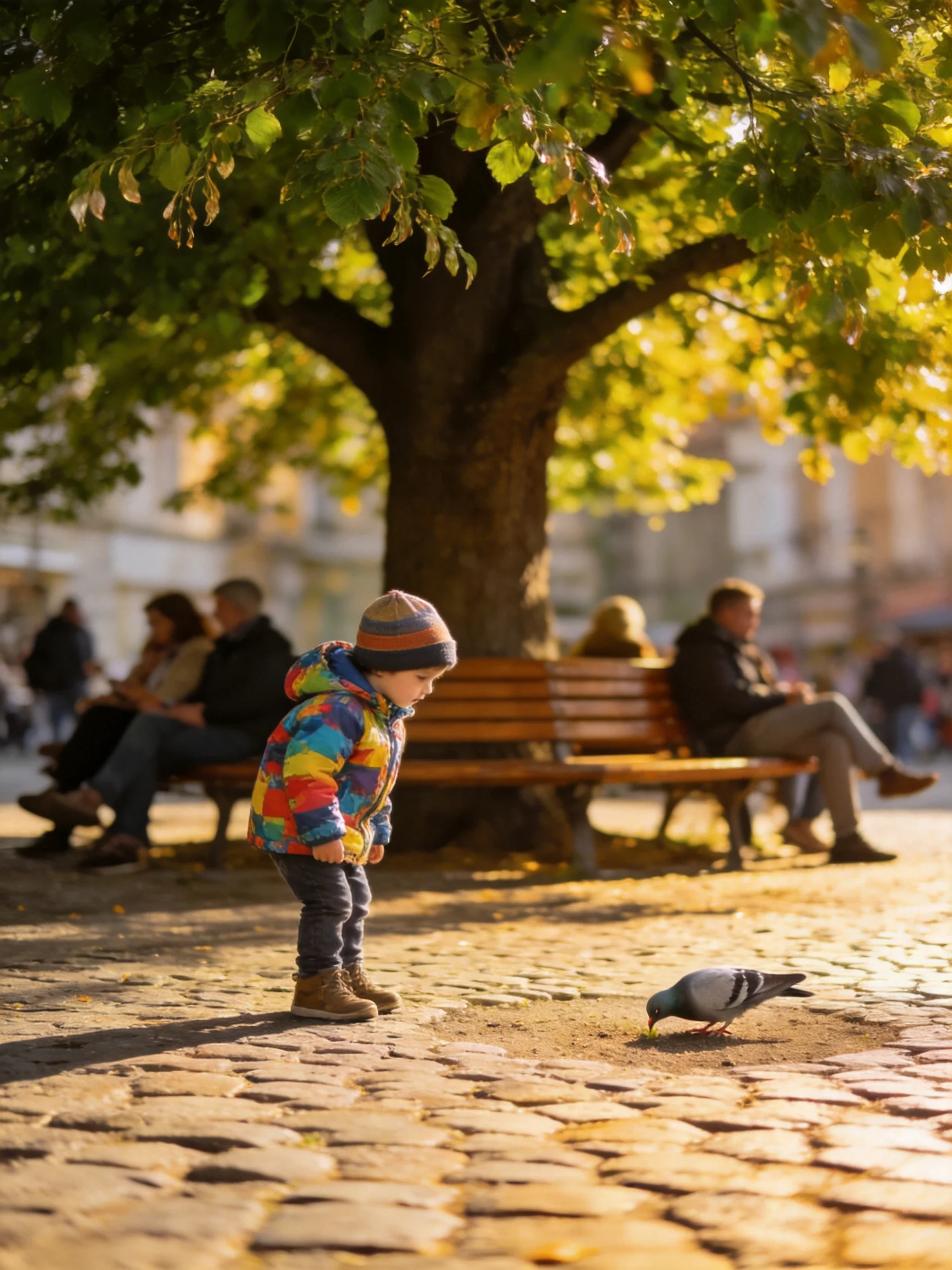 A child in a colorful jacket watches a pigeon by a large tree