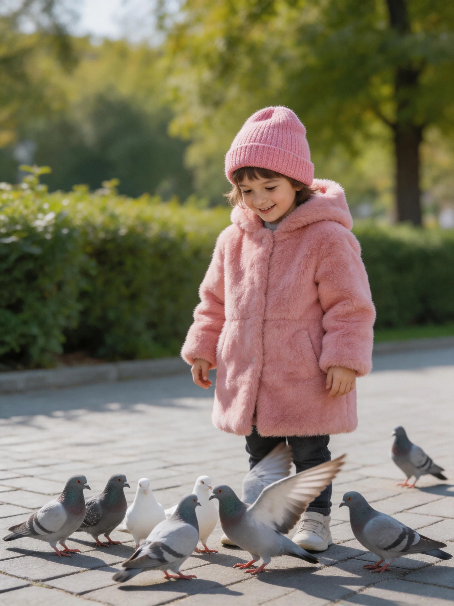 A child in a pink coat interacts with multiple pigeons in a sunny park