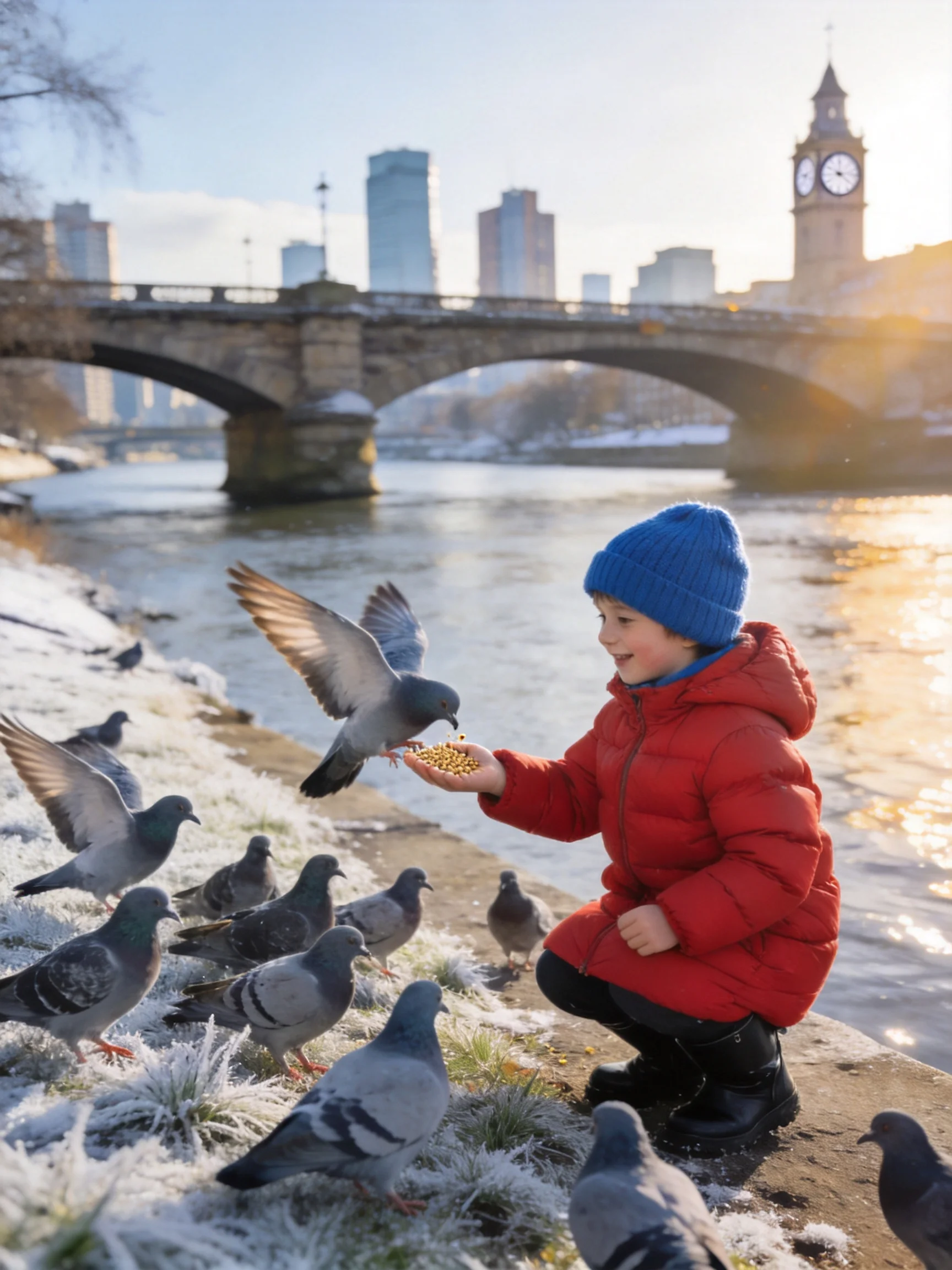 A child in a red coat feeds pigeons by a frosty riverside with a stone bridge