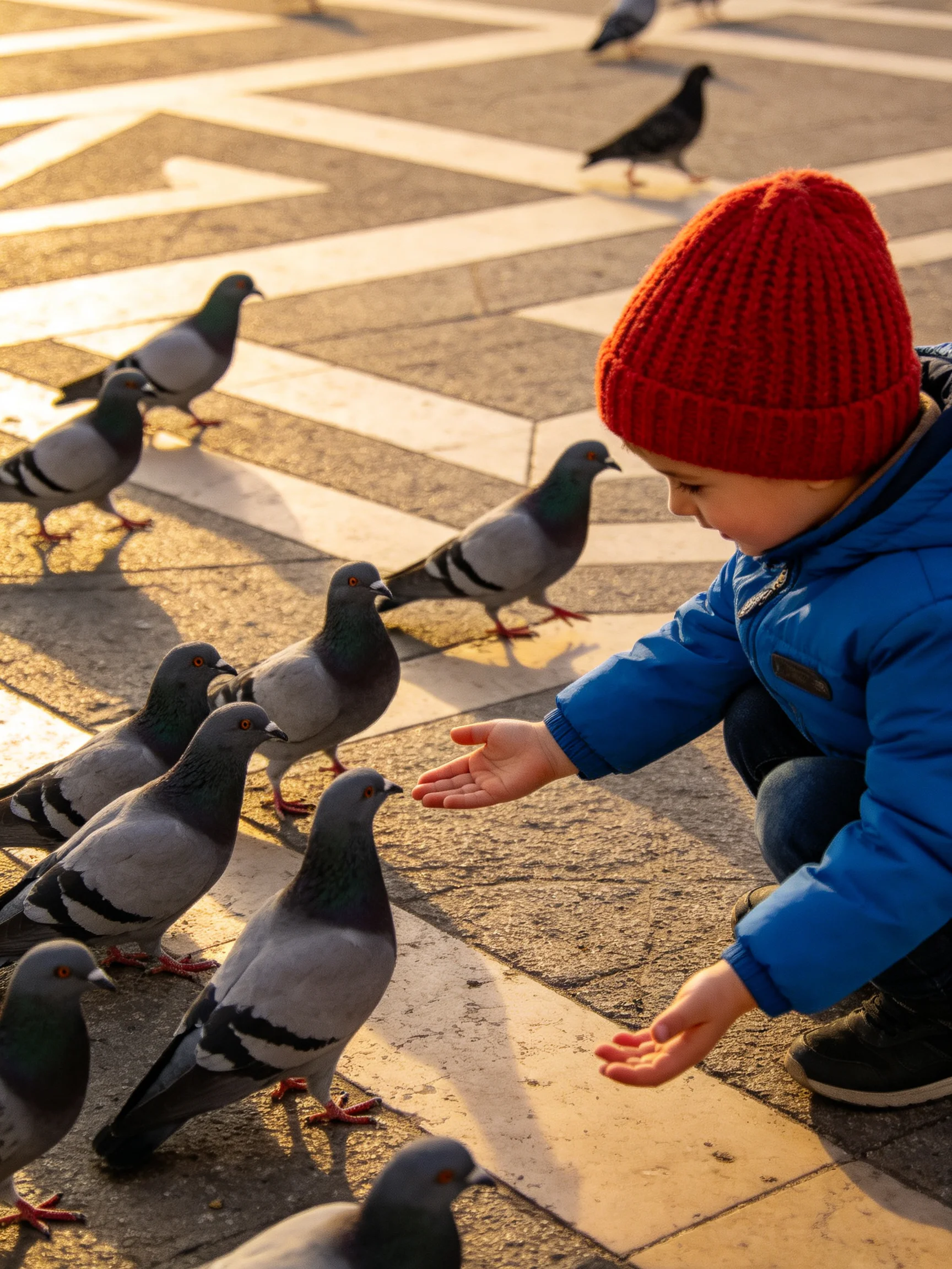 A child in a red knit hat feeds gray pigeons on a crosswalk