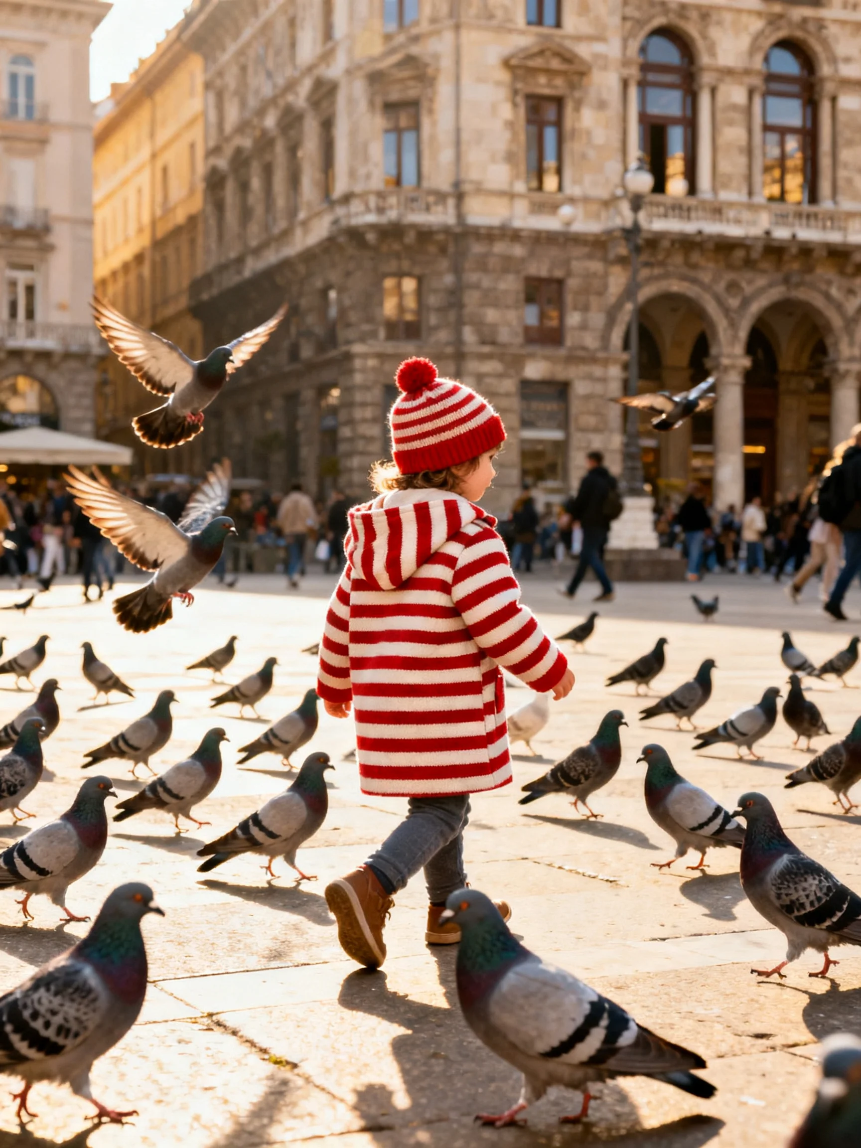 A child in red-and-white stripes among numerous pigeons in a historic plaza