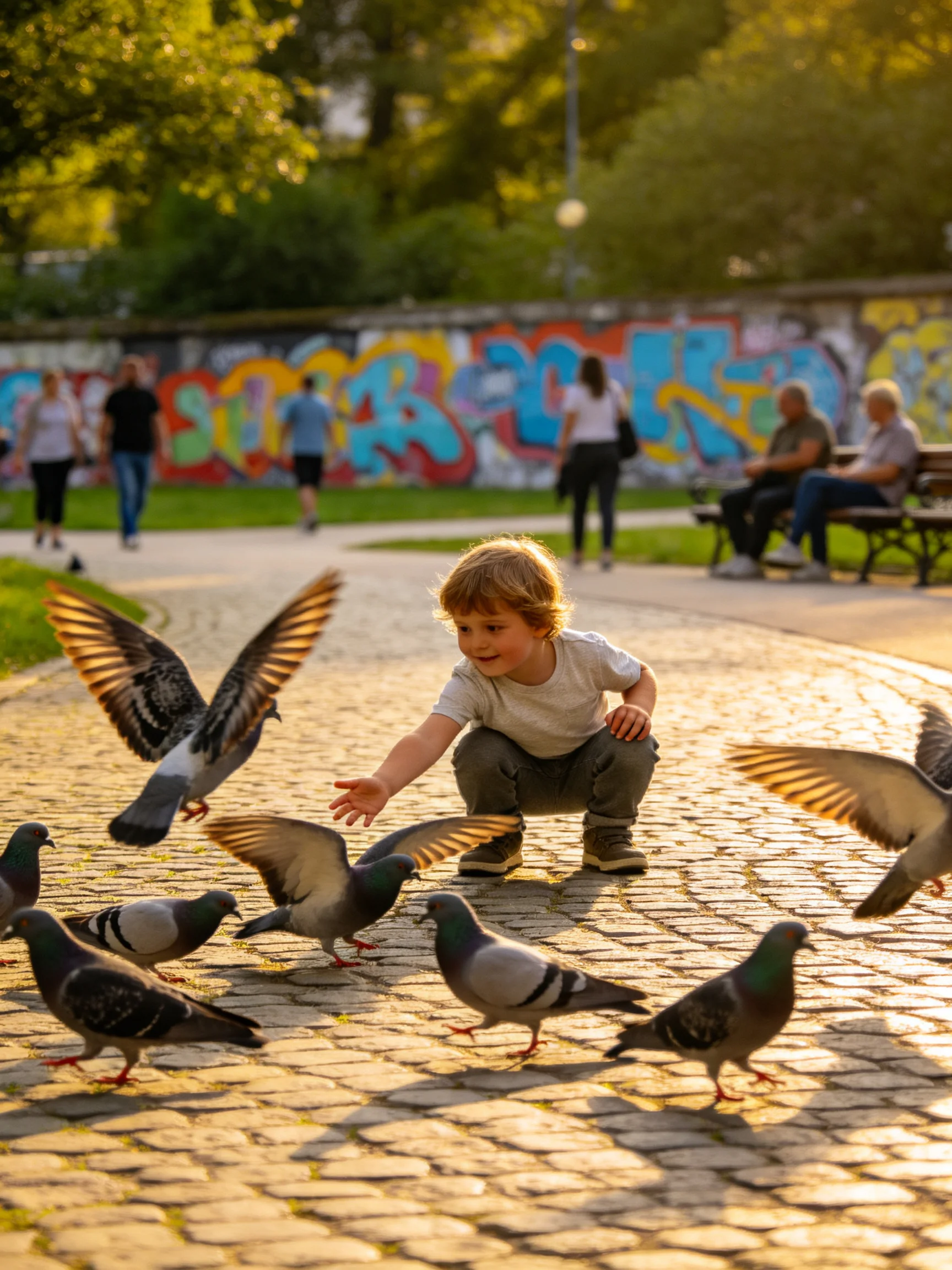 A child interacts with pigeons near colorful graffiti in a sunlit park