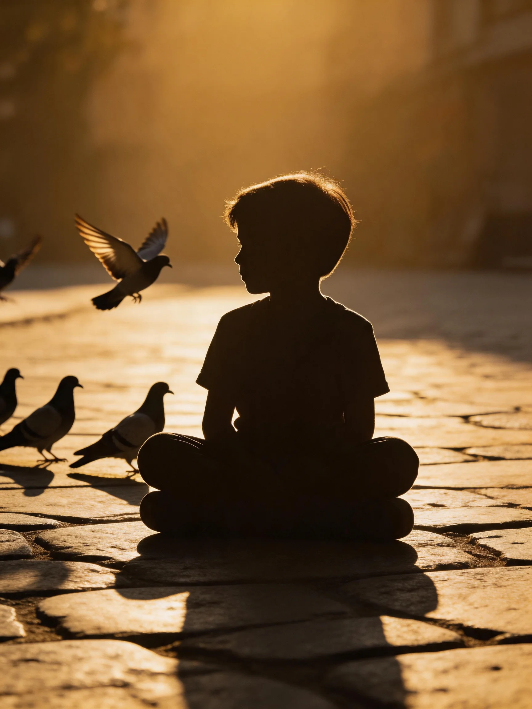 A child sits among pigeons on a cobblestone path bathed in golden light