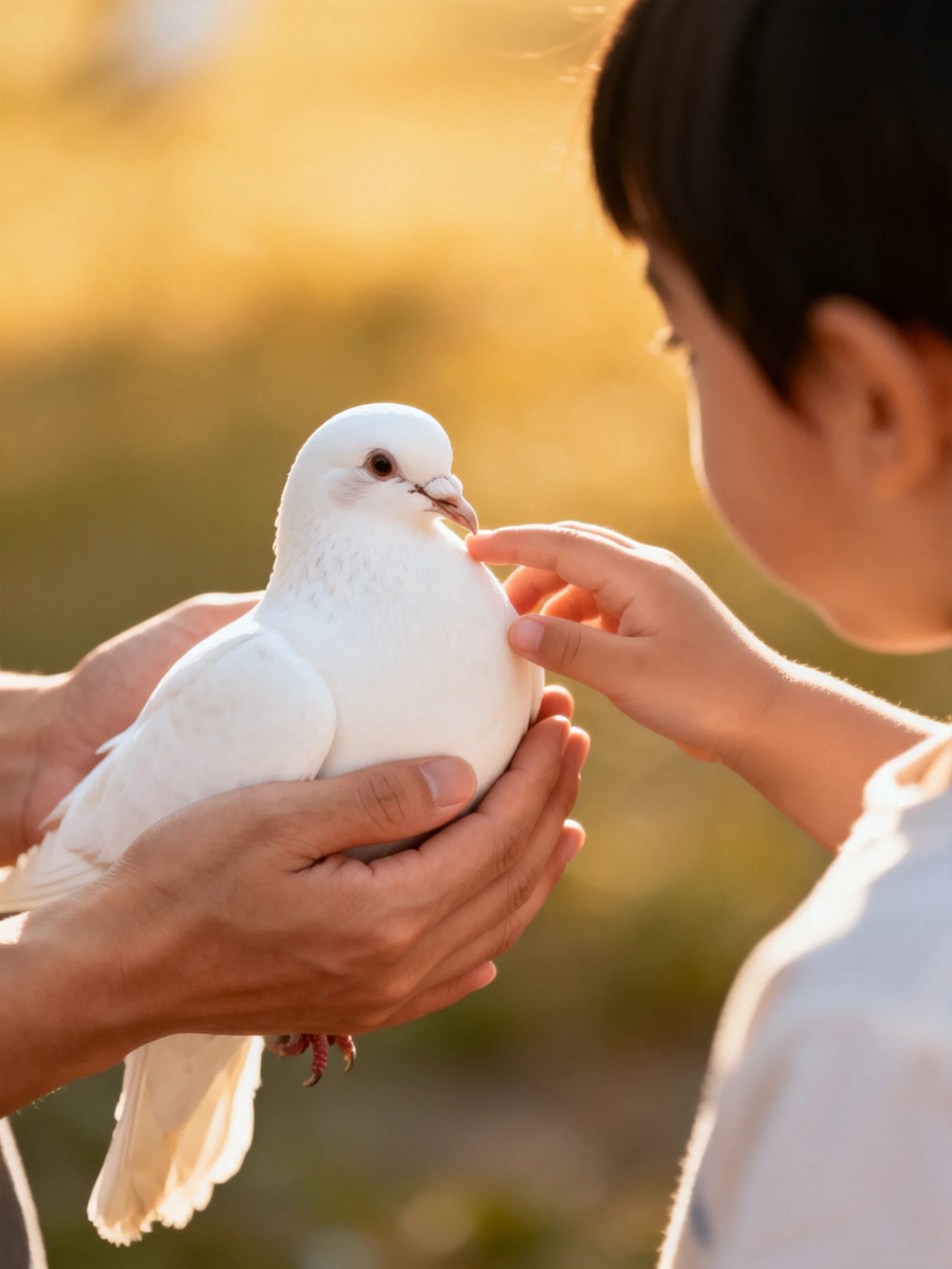 A child touches a white dove held by an adult in a sunlit outdoor setting