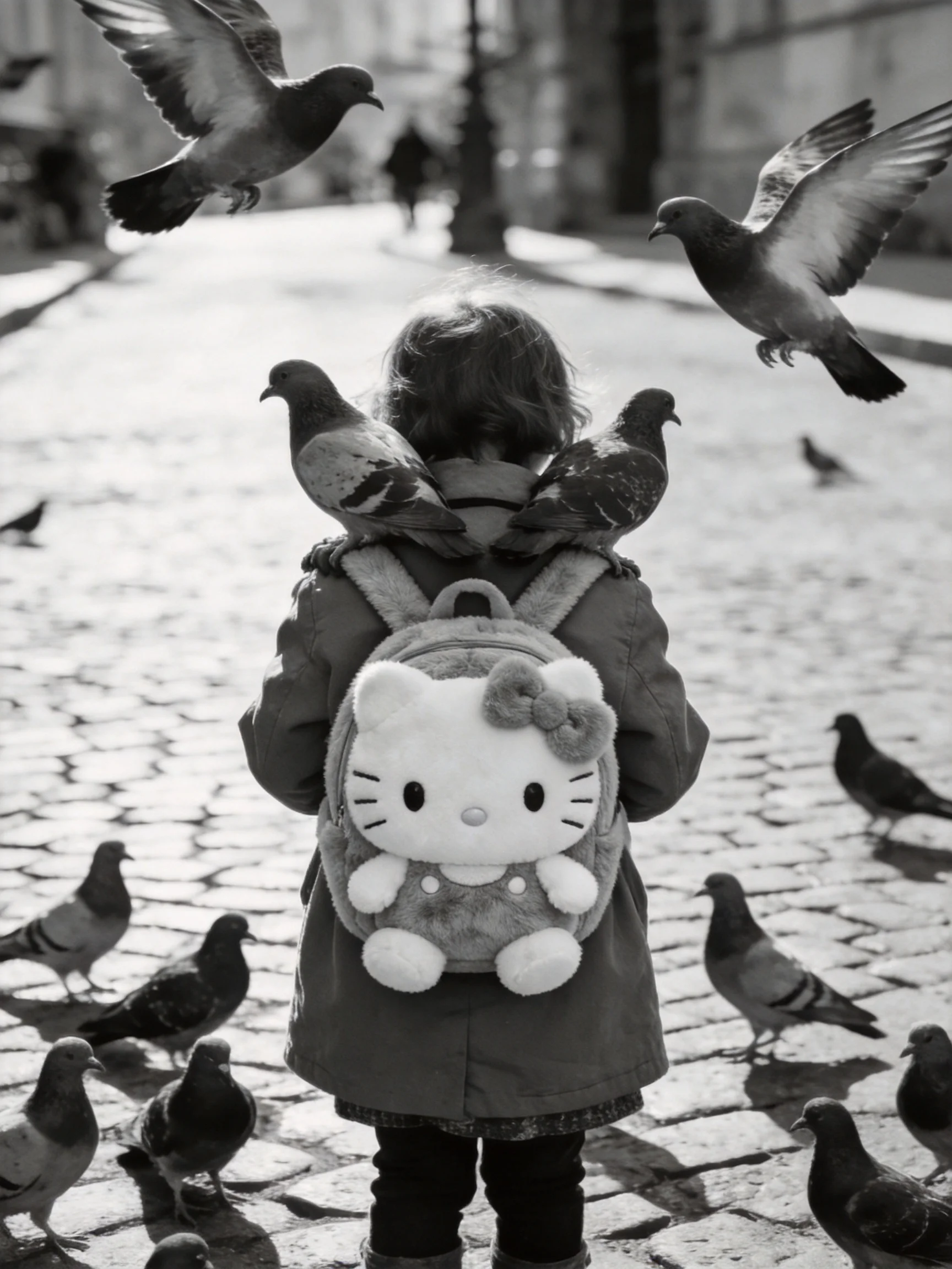 A child with a Hello Kitty backpack amid numerous pigeons on cobblestone streets