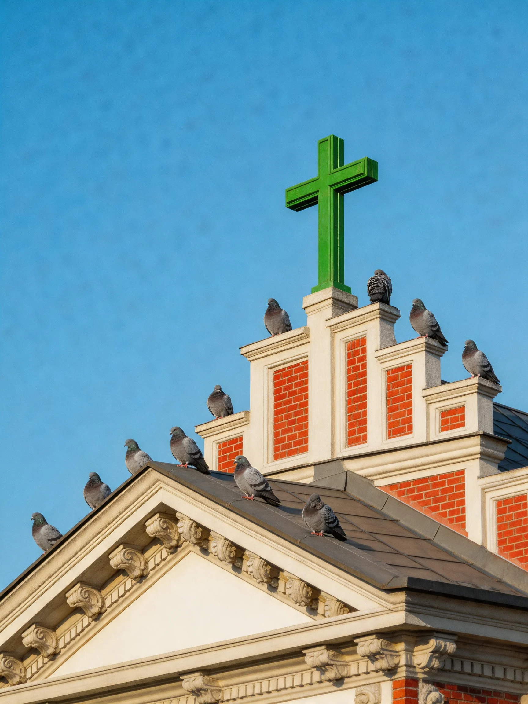 A church rooftop with a green cross and numerous pigeons