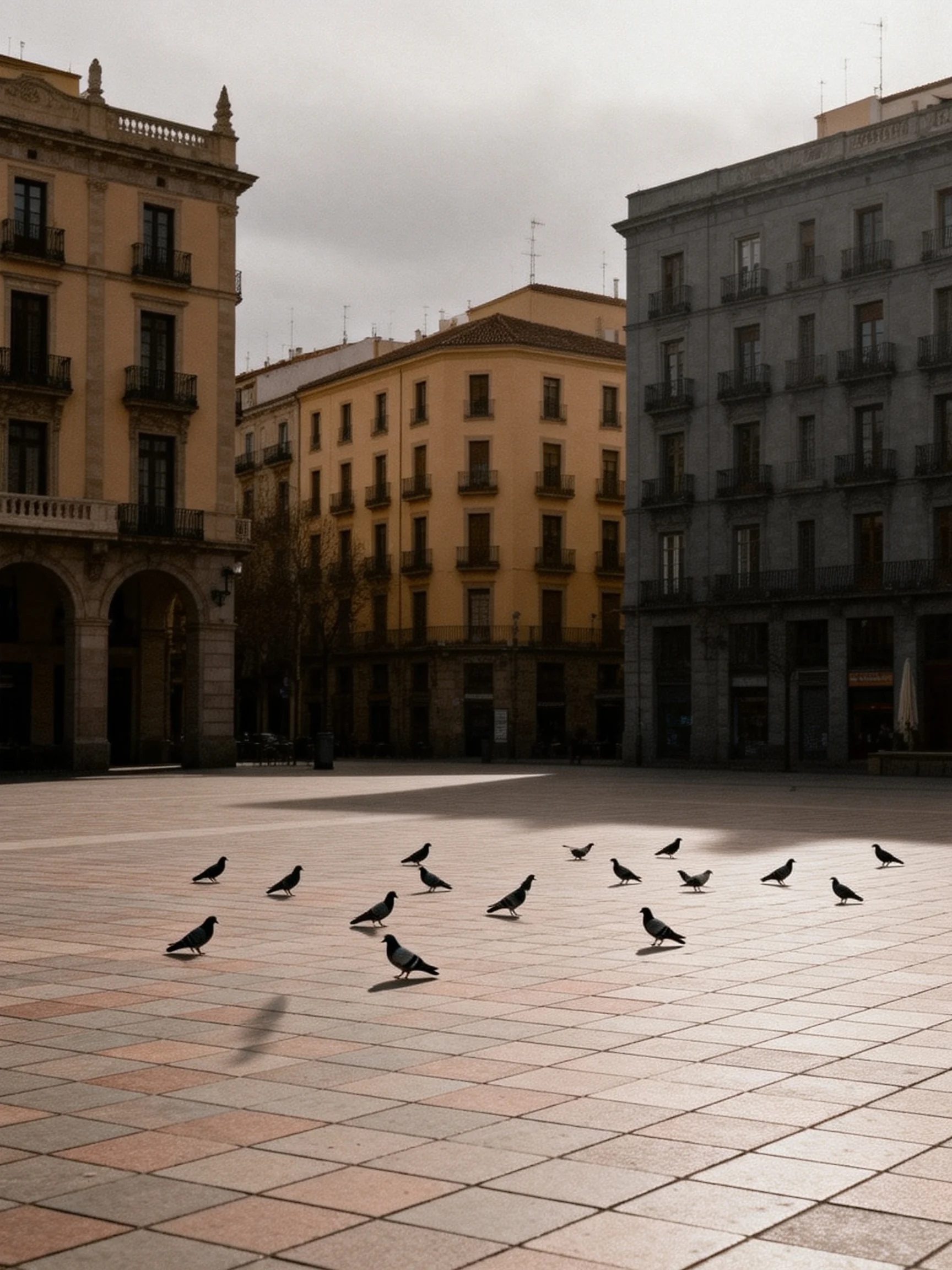 A city square with yellow and gray buildings, fifteen pigeons on tiled pavement