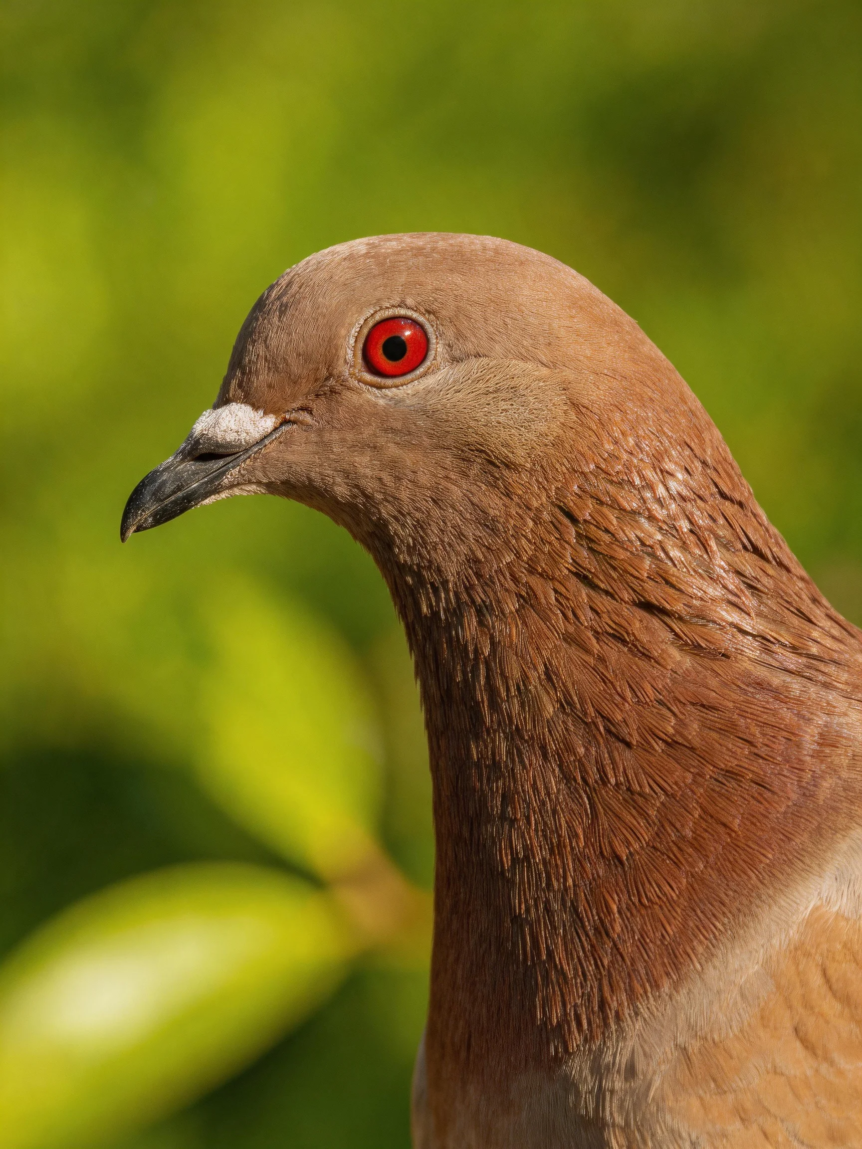 A close - up of a brown pigeon with a bright red eye amidst green foliage