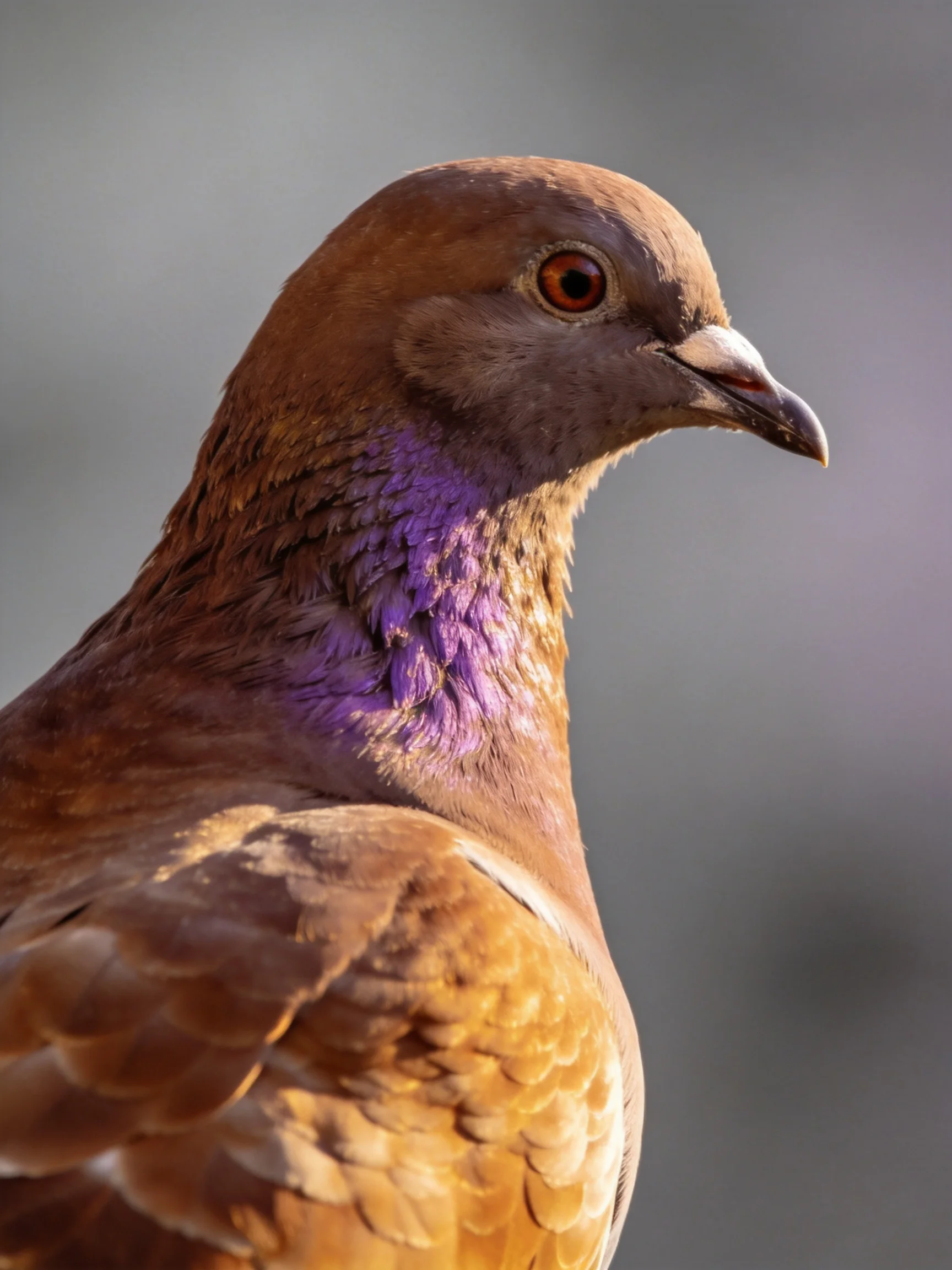A close - up of a brown pigeon with iridescent purple neck plumage