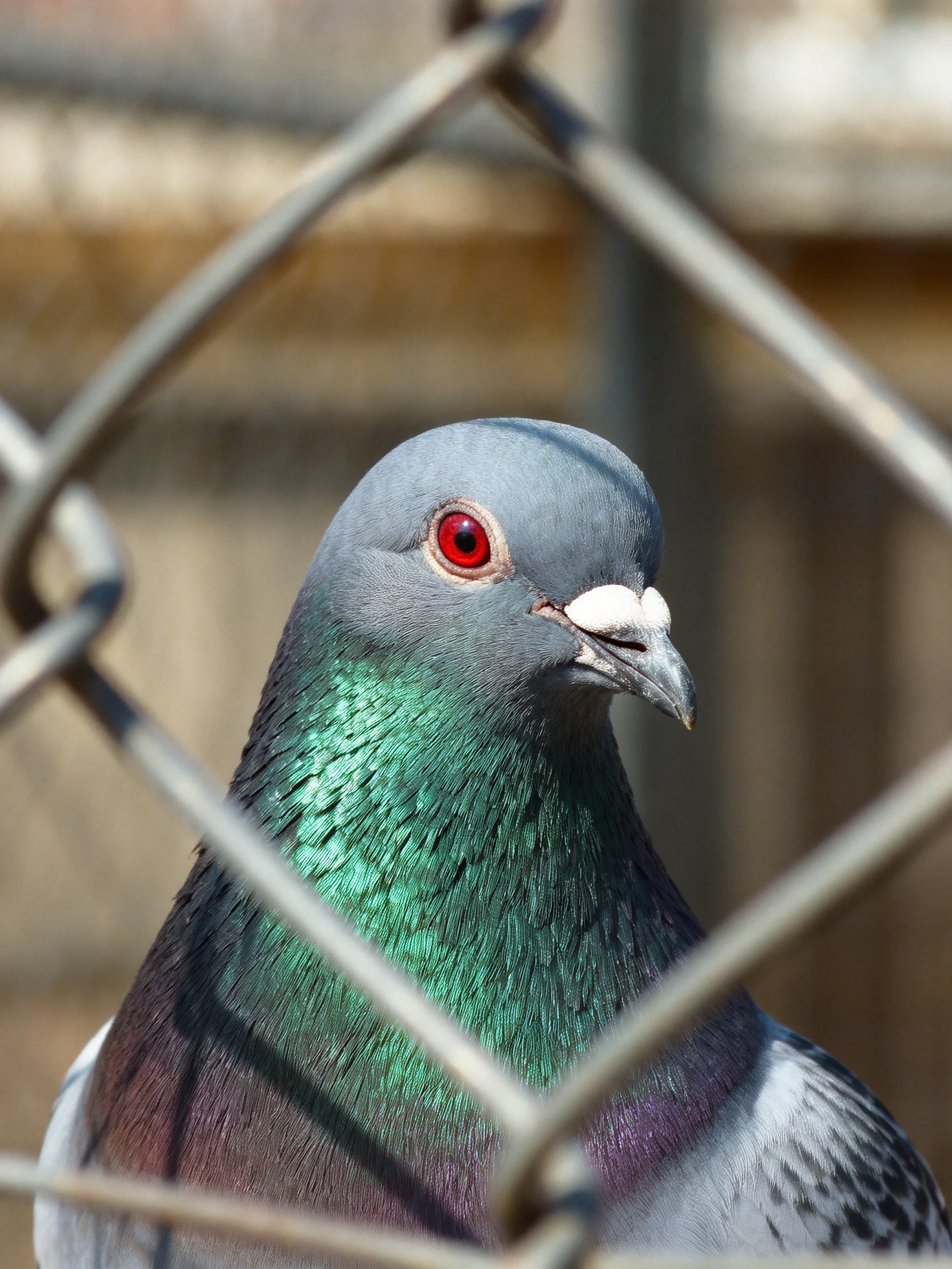 A close - up of a colorful pigeon behind a chain - link fence