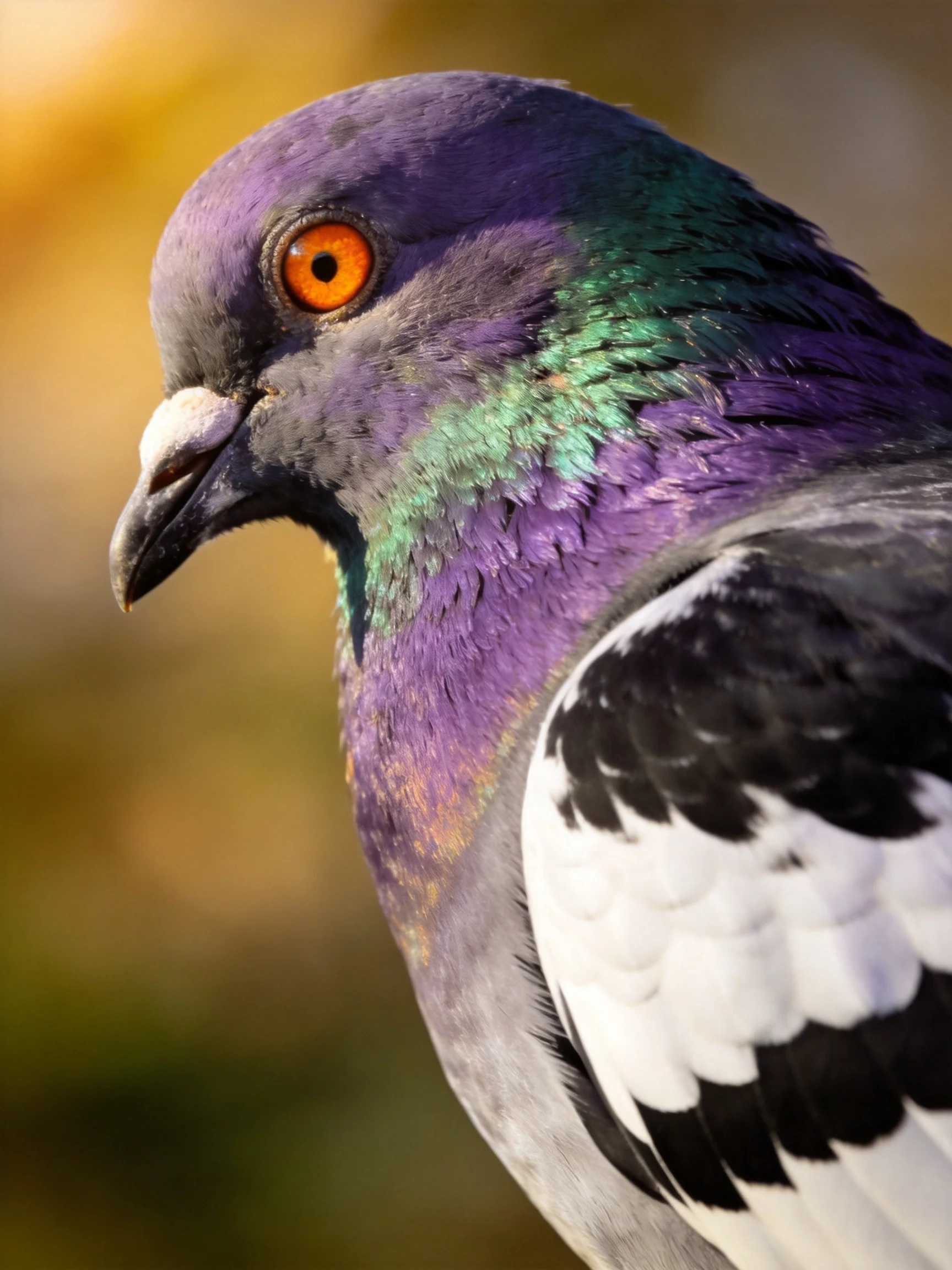 A close - up of a colorful pigeon with purple, teal, and white plumage