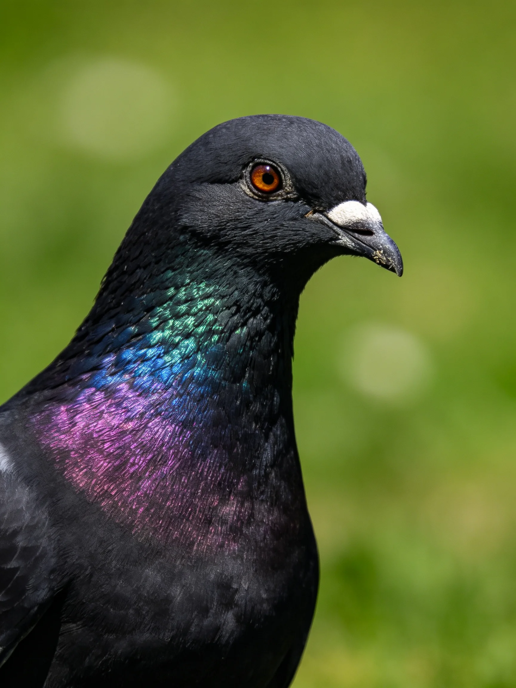 A close - up focuses on a dark - feathered pigeon with vibrant iridescent plumage.