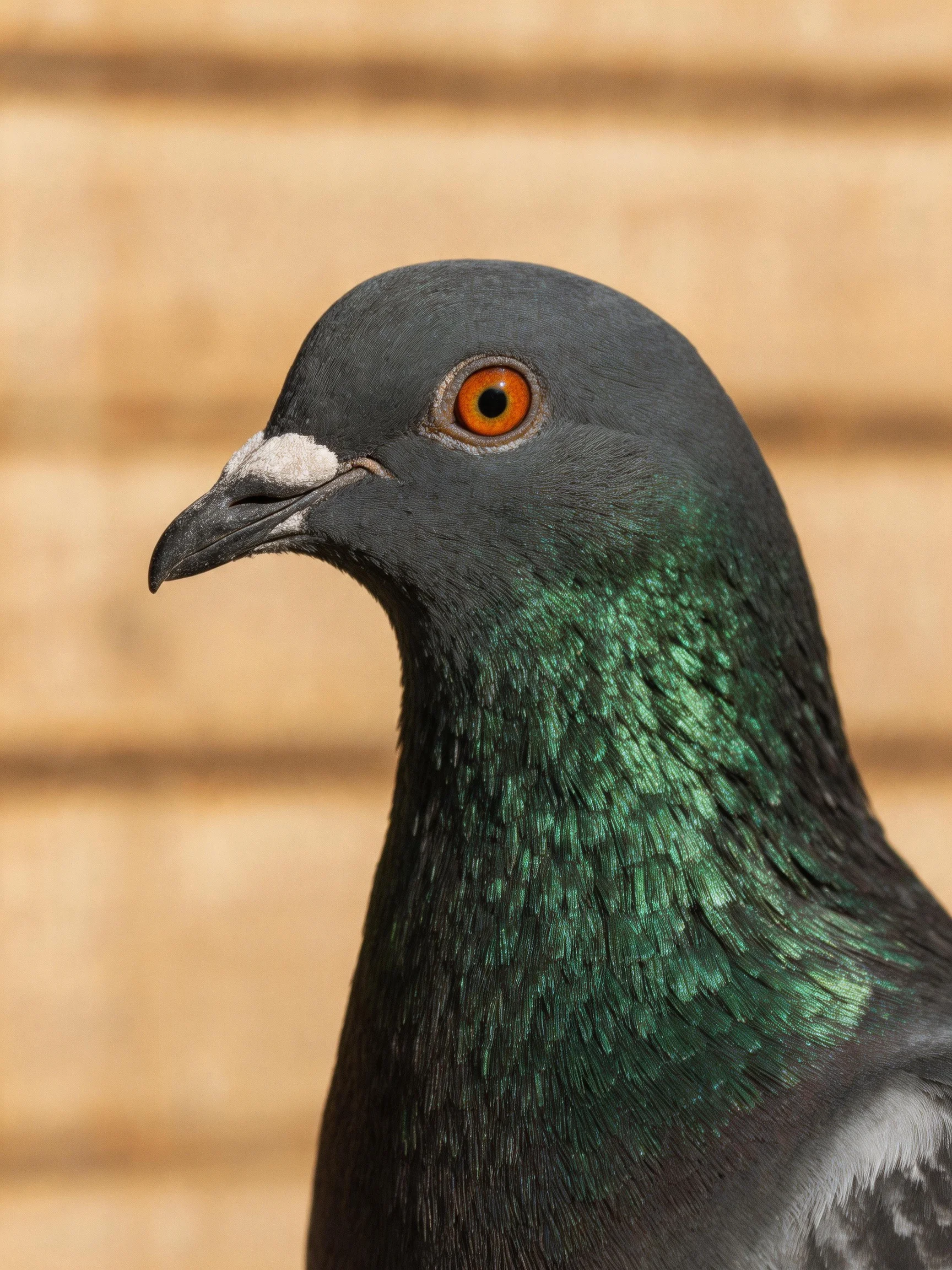 A close - up focuses on a dark gray pigeon with emerald - green neck feathers.