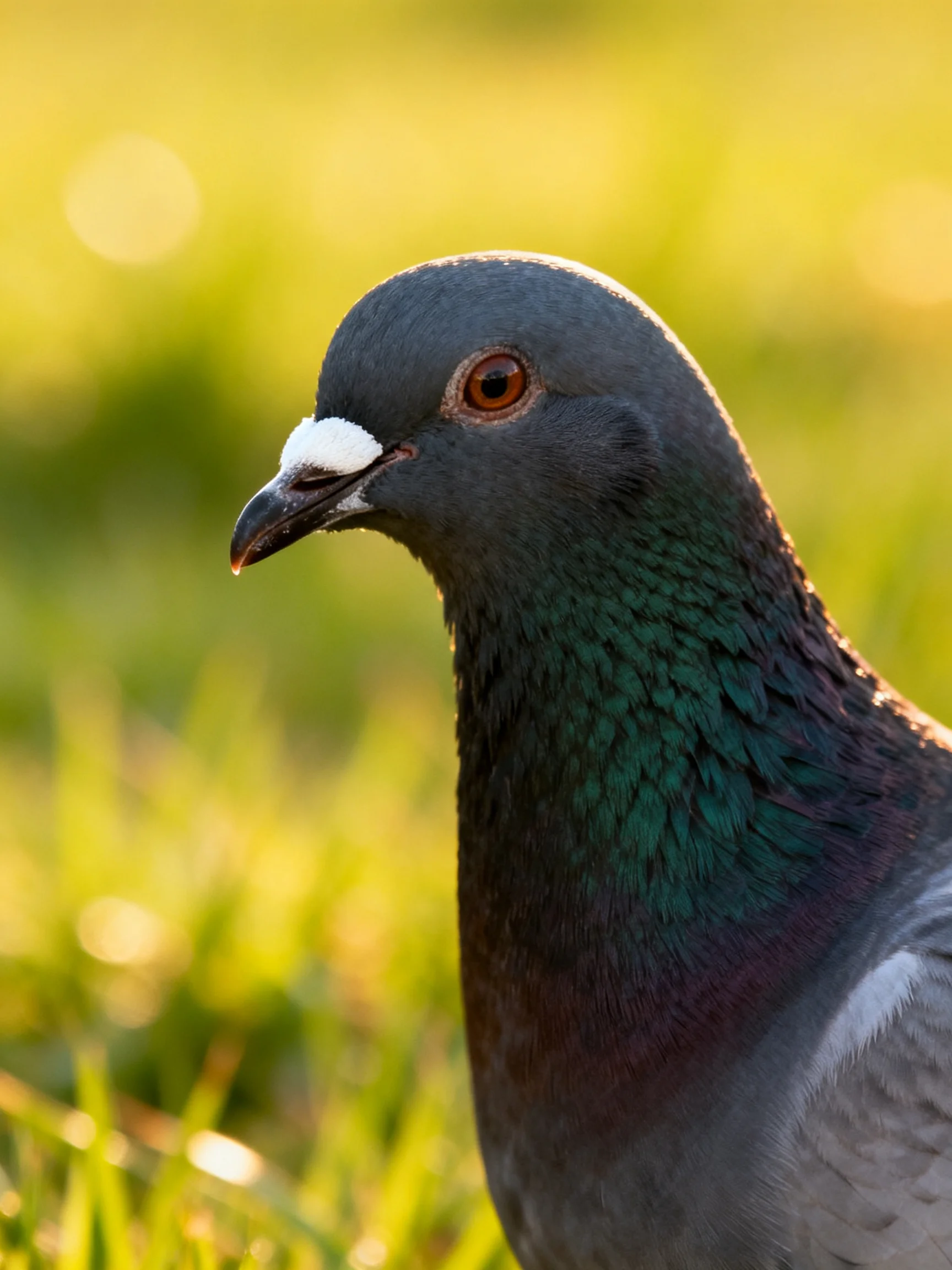 A pigeon with gray and green plumage stands on grass.