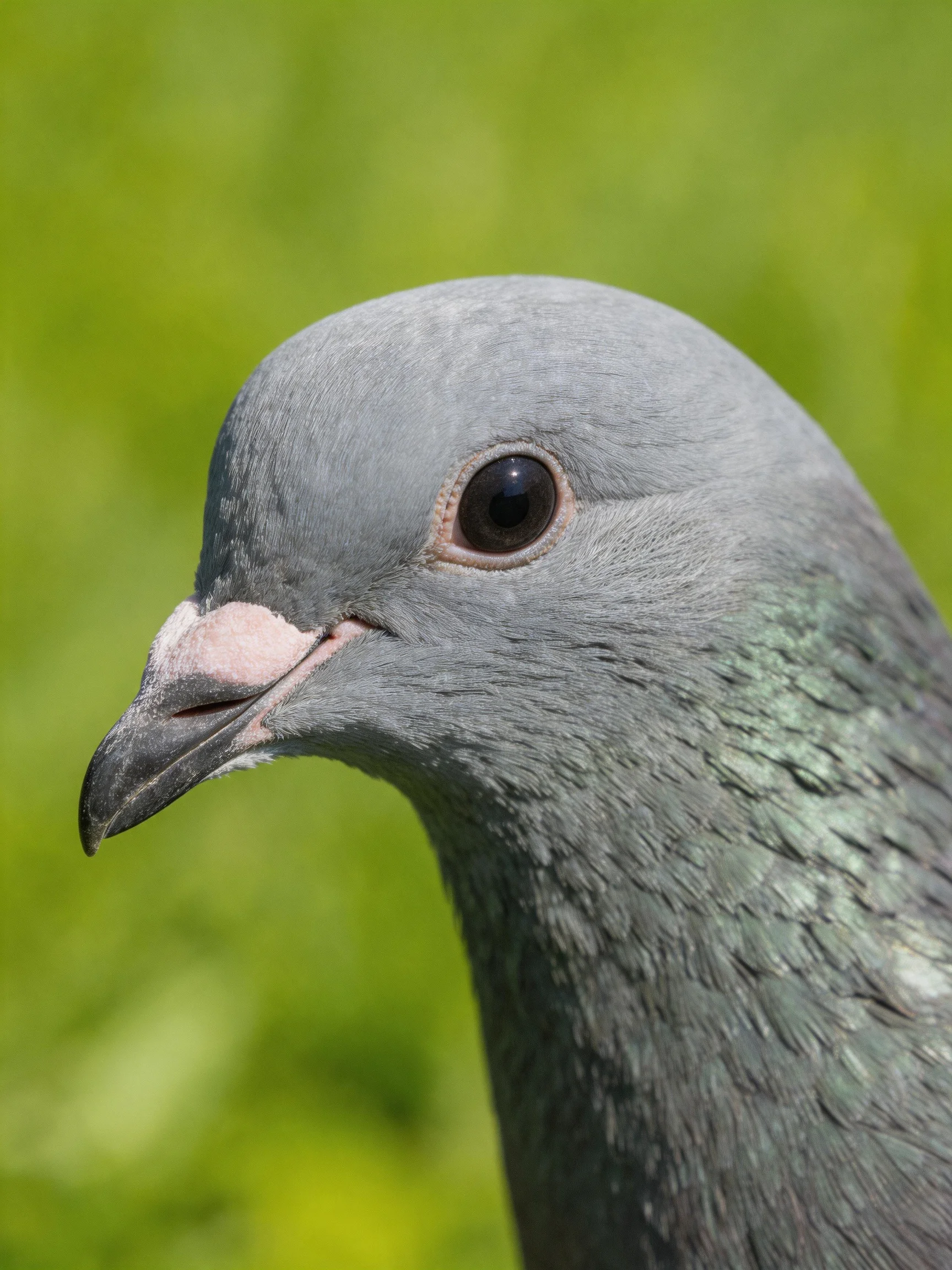 A close - up of a gray pigeon with a blurred green background