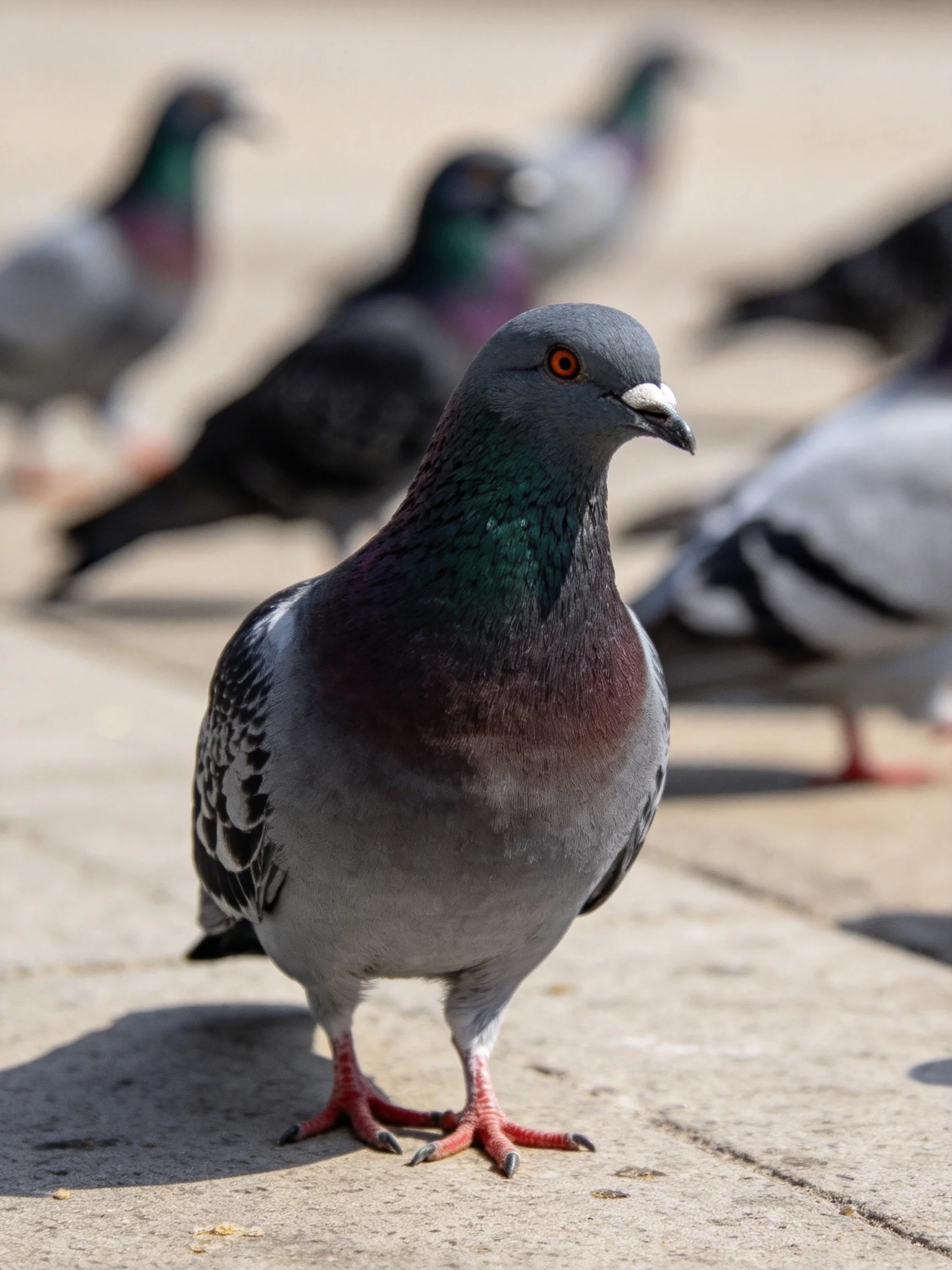 A gray pigeon stands in focus amid blurred colorful pigeons.