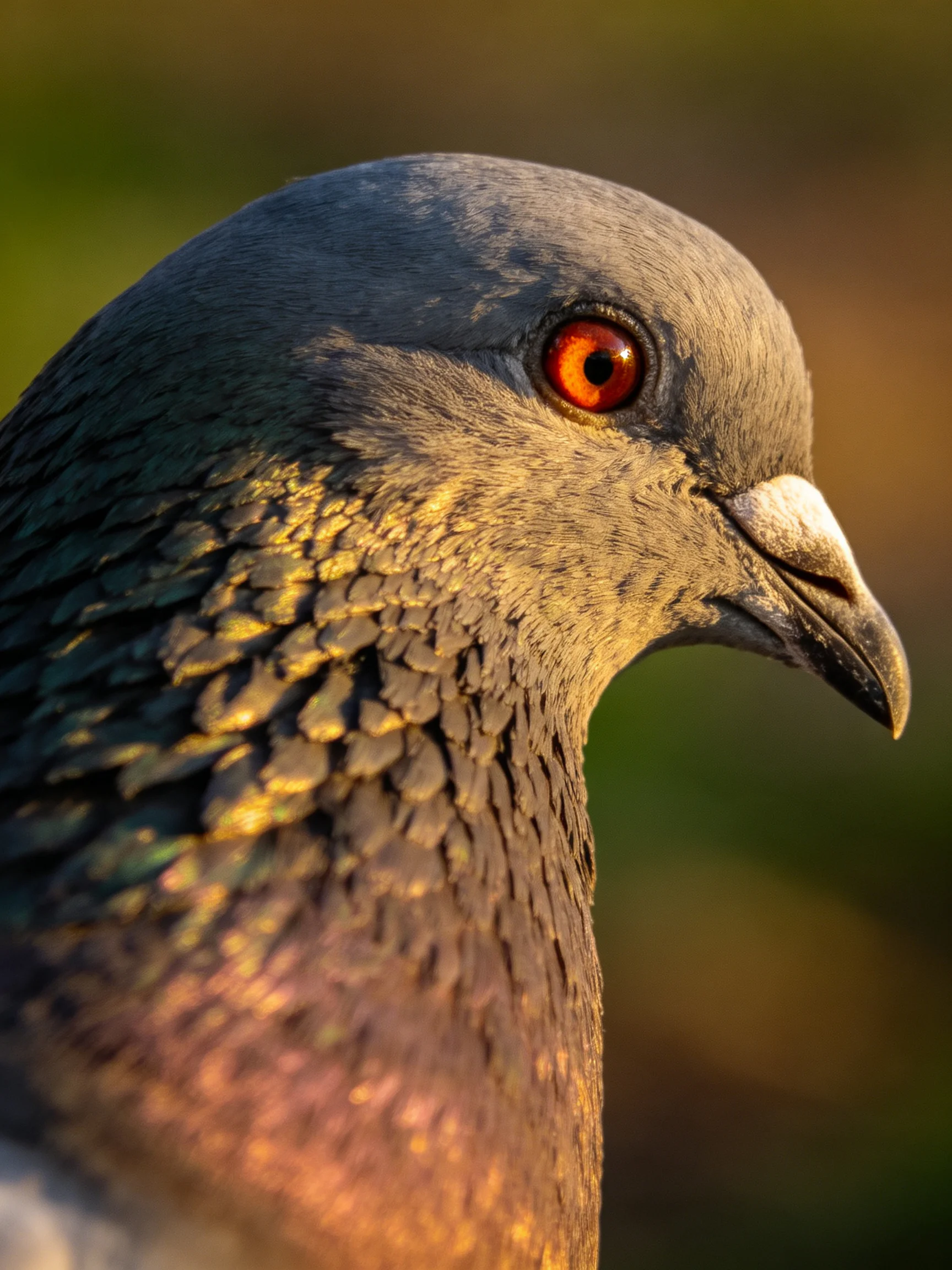 A close - up of a gray pigeon with iridescent feathers and an orange eye